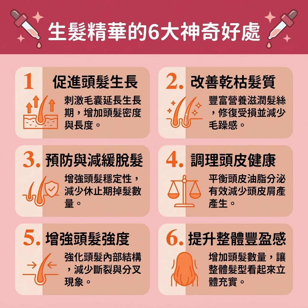 這是一張 1:1 扁平化醫美資訊圖表,介紹【生髮精華】的神奇好處。圖中展示,【遺傳】或【荷爾蒙】失調容易引發【雄性禿】。加上【紫外線】傷害,會破壞【頭皮】的【角質層】,流失【水分】與【蛋白質】。若【皮脂腺】分泌過多【油脂】堵塞【毛孔】,將阻礙【血液循環】,最終導致嚴重的【脫髮】。
為【解決異常掉髮】與【治療遺傳性脫髮】,我們必須【調理頭皮健康】及【改善頭皮環境】。除了使用溫和的【洗頭水】來【深層清潔毛孔】與【控制油脂分泌】,還要【隔離紫外線傷害】。搭配精華液並【按摩頭皮穴位】,能活絡【微絲血管】,為【毛囊】與【髮根】提供充足【營養】,達到【補充毛囊營養】的效果。
精華成分能【舒緩頭皮敏感】並【修復受損頭皮】,進一步【激活休眠毛囊】與【刺激毛囊再生】。這不僅能保護【髮絲】、【強健脆弱髮根】,更能【延緩毛囊萎縮】。最終成功【延長生長週期】、【預防脫髮問題】,有效【促進頭髮生長】、【改善頭髮稀疏】,大幅【增加頭髮密度】,讓秀髮重拾豐盈活力!