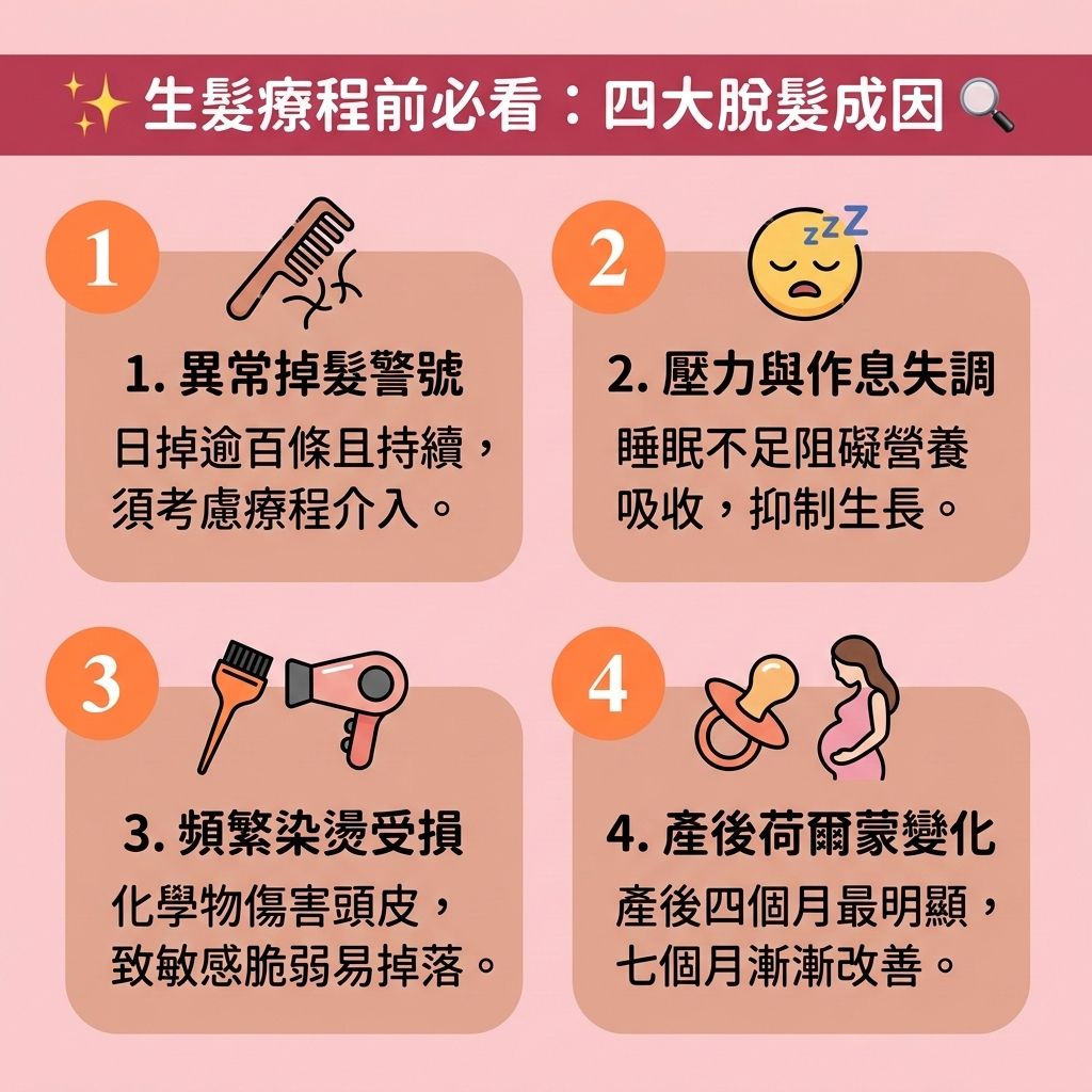 這是一張 1:1 正方形的可愛扁平化向量資訊圖表插畫,採用台灣健康部落格風格,深入解析【女性脫髮原因】與【男性脫髮危機】。圖表指出當【荷爾蒙】失調,體內的【雙氫睪酮】會攻擊脆弱的【毛囊】,引發【遺傳性脫髮】、【脂溢性脫髮】及【雄性禿】,導致嚴重的【脫髮】危機。
為達到【減少掉髮】及【改善頭髮稀疏】的目標,必須採取正確的【預防脫髮方法】。首要是注重【日常頭皮護理】,透過【頭皮深層清潔】來【解決毛孔堵塞】,維護【頭皮】、【皮脂腺】與【角質層】的健康,並【舒緩頭皮敏感】,從而全面【改善頭皮環境】。
圖中建議飲食上要【補充頭髮營養】,多攝取【蛋白質】、【鐵質】、【膠原蛋白】等【營養素】,以促進全身與頭皮的【血液循環】,幫助【強健髮根】。針對嚴重掉髮情況,圖表建議必須【抑制荷爾蒙】,並及早尋求【專業生髮療程】或合適的【生髮療程】。例如使用含【米諾地爾】或【非那斯特萊】的【生髮水】,配合【幹細胞】技術、【激光】或專屬的【激光防脫髮】儀器,能有效【激活休眠毛囊】、【延長生長週期】並【促進頭髮生長】。若毛囊已完全壞死,則可考慮進行【植髮】手術,全方位解決三千煩惱絲。