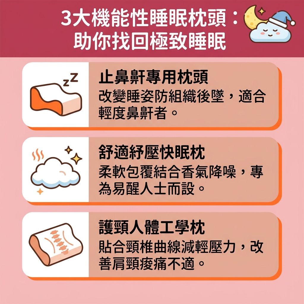 這是一張台灣健康部落格風格的 1:1 正方形扁平化資訊圖表,主題為分析3大機能性枕頭,幫助大眾【提升睡眠質素】(全面改善【睡眠質素】)並【減輕日間疲倦】。圖表介紹了止鼾枕、快眠枕與人體工學枕。合適的枕頭能【改善呼吸道阻塞】,【降低鼻鼾頻率】,並【改善用口呼吸】。
然而,若睡眠問題源於嚴重的【鼻塞】,導致【鼻塞導致失眠】,單靠枕頭可能不夠。這通常與【鼻腔】內的【鼻黏膜】問題有關。例如【鼻黏膜腫脹】、【鼻敏感】、【鼻竇炎】、【鼻炎】、甚至長出【鼻瘜肉】,都會讓【呼吸道】受阻,引發【鼻水】與【鼻水倒流喉嚨】。為了【預防上呼吸道感染】並【緩解鼻敏感不適】,我們需要積極尋找【解決鼻塞方法】與【舒緩鼻塞症狀】。
日常護理可嘗試【快速通鼻塞】的技巧,例如在【睡前通鼻塞】。可使用【洗鼻器】搭配【生理鹽水】進行【洗鼻舒緩鼻塞】,這能有效【清潔鼻腔分泌物】。此外,尋求【中醫】協助,按壓【通鼻塞穴位】(如各種臉部【穴位】,特別是【迎香穴】)也能帶來舒緩。若症狀持續,建議前往專業【診所】尋求【醫生】或【耳鼻喉科】的【耳鼻喉科專科診斷】。醫生可能會處方【噴鼻劑】(如【類固醇噴鼻劑】等【類固醇】藥物),或進行專業的【鼻竇炎治療】,從根源解決問題,讓你夜夜好眠。