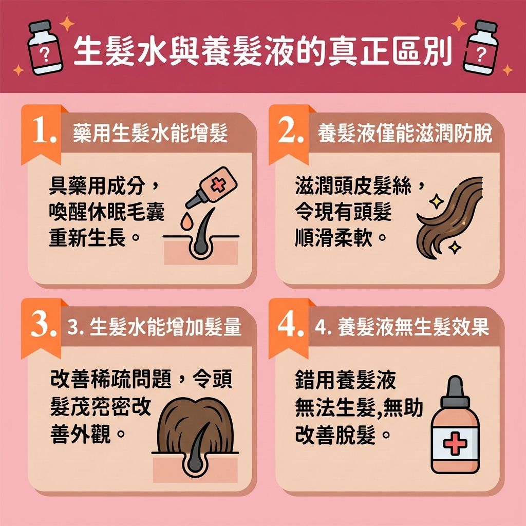 這是一張 1:1 正方形的可愛扁平化向量資訊圖表,採用台灣健康部落格風格,為您解答【生髮水有用嗎】的常見迷思。圖表清楚比較了養髮液與【生髮水】的分別。當面臨【男性脫髮危機】或亟需【解決女性脫髮】時,若只用養髮液保護【角質層】與【皮脂腺】,只能滋潤現有【毛髮】,無法真正解決問題。
正確的【預防脫髮方法】與【雄性禿治療方法】應選用含【米諾地爾】的【外用藥物】或【外用生髮產品】。它能【改善頭皮血液循環】與整體【血液循環】,【刺激毛囊再生】並【激活休眠毛囊】,讓處於【休止期】的【毛囊】重回【生長期】。這能有效【延長生長週期】,【減少掉髮數量】,【強健髮根】,【促進頭髮生長】並【改善頭髮稀疏】。
圖表也提醒【生髮水用法】需注意適當【濃度】,以免引發【生髮水副作用】與【頭皮痕癢紅腫】等【副作用】。針對有【遺傳性脫髮治療】需求,或因【荷爾蒙】轉化為【雙氫睪酮】引起的【雄性禿】與嚴重【脫髮】,除了關注【生髮水推薦】,也可考慮服用【處方藥物】如【非那斯特萊】。若【頭皮】問題持續,建議尋求【專業生髮療程】或【植髮】來徹底告別頂上煩惱!