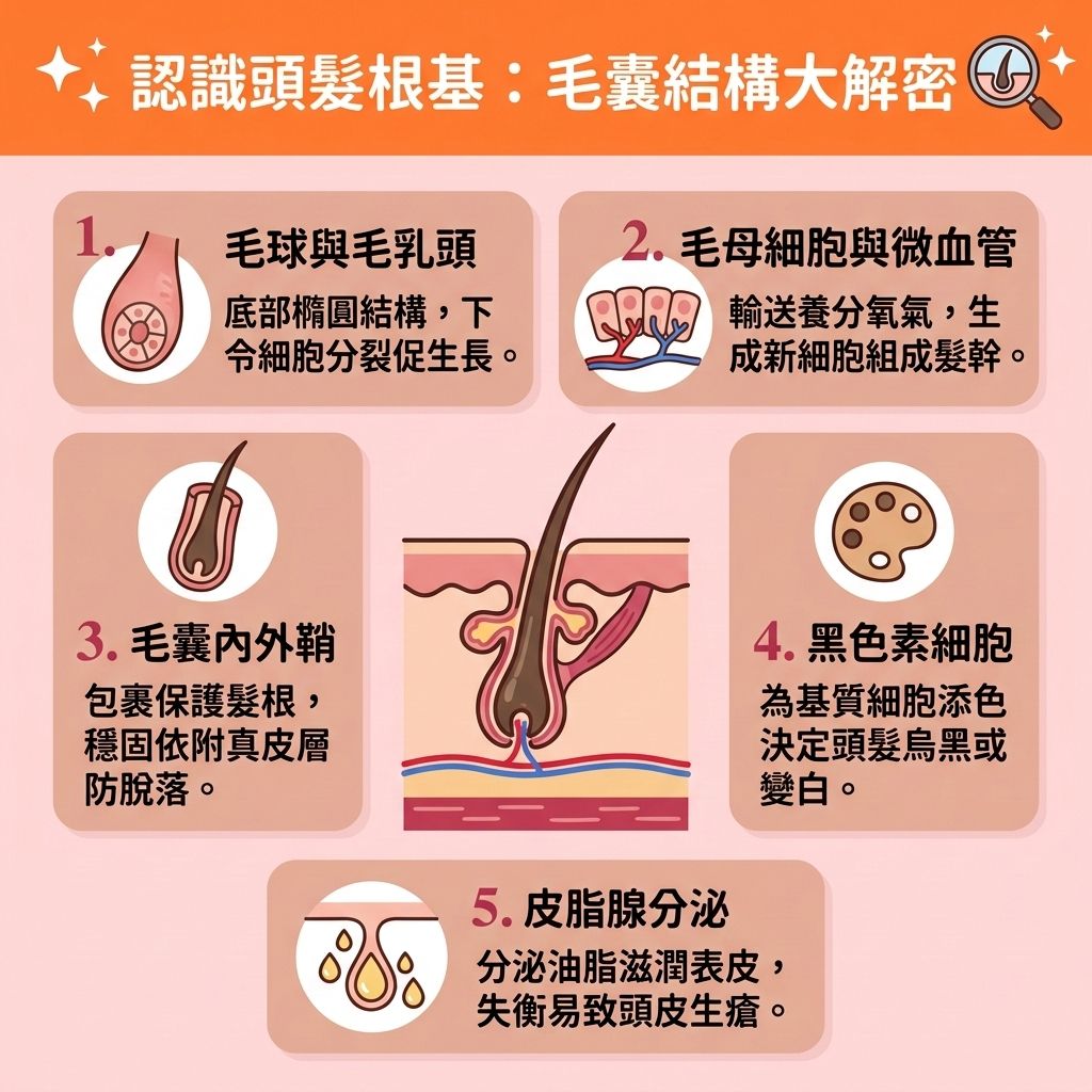 這是一張 1:1 正方形的可愛扁平化向量資訊圖表,以台灣健康部落格風格圖解頭髮的生長階段。圖表詳細描述了健康的【毛囊】與【頭皮】如何經歷【生長期】、【退化期】、【休止期】與最終的【脫落期】。若【荷爾蒙】失調、缺乏【雌激素】或【新陳代謝】變慢,加上體內【雙氫睪酮】過度刺激【皮脂腺】,會引發嚴重的【雄性禿】與異常【脫髮】,甚至影響毛髮的【黑色素】。
為了落實【預防脫髮方法】與【調理頭皮健康】,我們必須做好【頭皮深層清潔】以【改善頭皮環境】。日常應維持良好的【血液循環】來【促進頭皮血液循環】,多攝取【蛋白質】、【維他命】、【鐵質】與【鋅質】,幫助合成【角蛋白】,以【補充頭髮營養】。這能有效【滋養脆弱髮絲】與【強健脆弱髮根】,從而【延緩毛囊萎縮】。
若要【解決前額脫髮】與【改善髮線後移】,除了使用外用產品來【抑制男性荷爾蒙】,更應考慮【專業生髮療程】。這些專業對策能【激活休眠毛囊】、【刺激毛囊再生】並【延長生長週期】,達到【促進頭髮生長】、【減少掉髮數量】、【改善頭髮稀疏】與【增加頭髮密度】的終極目標!
