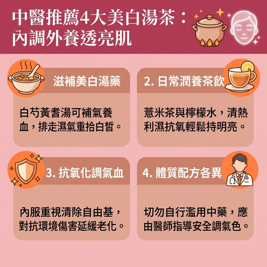 這是一張台灣健康部落格風格的 1:1 正方形扁平化資訊圖表,詳細介紹由專業【中醫】與【醫師】推薦的【中醫美容】與【內調外養】秘訣。面對【紫外線】侵襲所導致的【黑色素】積聚,進而引發【色斑】、【雀斑】與頑固的【黃褐斑】,我們除了透過調理【脾胃】與【肝臟】,以達到【健脾祛濕】、【疏肝理氣】與【滋陰養顏】來【調理體質】外,外治法也同樣關鍵。
圖表展示了如何運用天然【中藥】(例如【白茯苓】、【珍珠粉】、【薏米】與【玫瑰花】)自製【中藥美白面膜】。配合【穴位】按壓(即【穴位按摩美白】),以及透過【針灸】與刮痧刺激面部【經絡】,能有效【活血化瘀】並【促進血液循環】,進而提升【新陳代謝】(【促進新陳代謝】)。
這些療法能暢通【氣血】,精準【擊退黑色素】、【淡化色斑】,達到【預防色素沉澱】與【解決色素沉澱】的功效。長期堅持不僅能【改善暗沉】、【美白去黃】、【提亮膚色】及【改善膚色不均】,更能【改善氣色】並【延緩衰老】。建議尋求專業【診所】的評估與治療,讓美白效果更顯著安全。