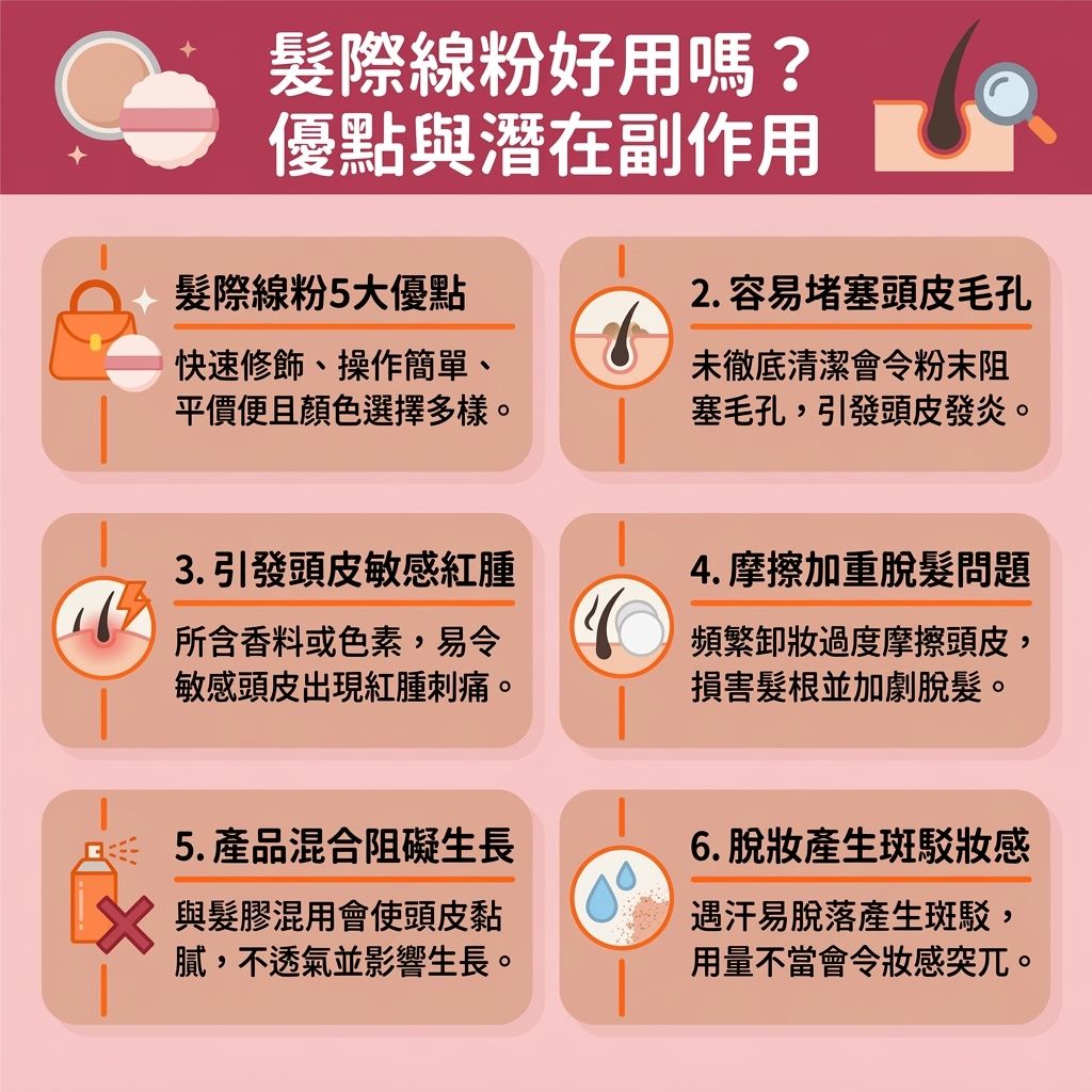 這是一張台灣健康部落格風格的 1:1 正方形扁平化資訊圖表,詳細解析了化妝品類別中髮際線粉的優點與髮際線粉副作用。許多人為了修飾高額頭、改善寬額頭與拯救稀疏髮際線,會尋找優質的髮際線粉推薦及正確的髮際線粉用法。使用粉撲沾取陰影粉來填補髮際線空隙,能有效遮蓋頭皮、增加髮量視覺並修飾臉型輪廓,是隱藏髮線後移、禿頭修飾及掩飾M字額的利器。然而,挑選時應注意自然髮色選擇以配合原有髮色,並建議選用防水防汗髮際線粉以防汗水與油脂造成髮際線陰影斑駁。
圖表特別提醒,這類產品若未徹底卸妝(注意髮際線粉卸妝),極易堵塞毛孔甚至堵塞毛囊,損害髮根與頭皮的健康,長期下來會加劇脫髮與髮線後退。為保護珍貴的毛囊與整體髮量,除了定期進行頭皮深層清潔,若出現嚴重掉髮問題應盡快諮詢皮膚科醫生,考慮使用生髮水、進行毛囊萎縮治療、植髮手術或尋求專業的生髮療程推薦,從根本解決問題。