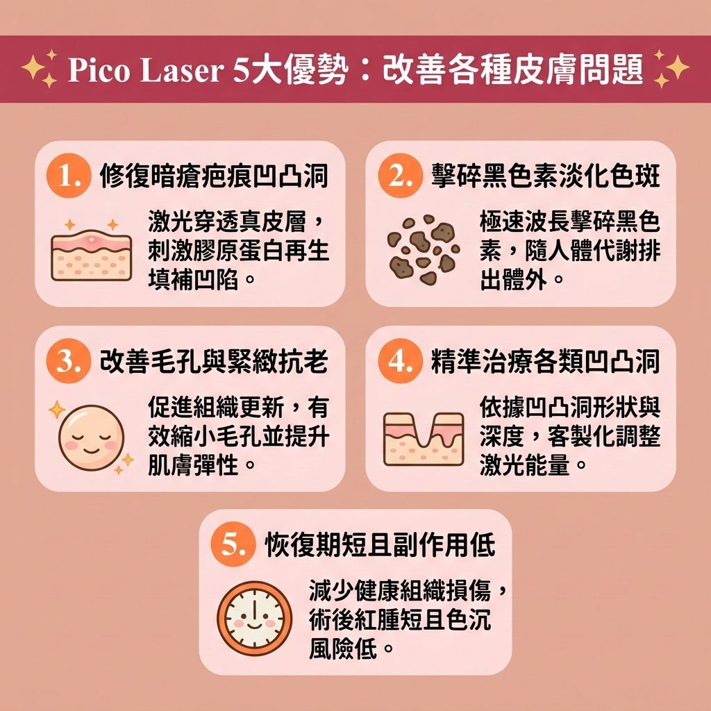 這是一張 1:1 正方形的可愛扁平化向量資訊圖表,採用台灣健康部落格風格,介紹【醫學美容】中的【凹凸洞治療方法】與頂級【激光去疤推薦】。圖表詳細解析了【皮秒激光】結合【蜂巢透鏡】的五大優勢。首先,作為極佳的【醫美去印推介】與【無創去印技術】,它能穿透【表皮層】與【角質層】直達【真皮層】,活化【纖維母細胞】,【刺激膠原增生】。這能促進【膠原蛋白】、【結締組織】與【彈性纖維】的生成,進行【深層組織修復】,從而【填補肌膚凹陷】、【撫平面部疤痕】,完美應對【暗瘡】引起的【疤痕組織】與【凹凸洞】,實現徹底的【暗瘡疤痕修復】與【修復受損肌膚】。
其次,這項【皮秒去印療程】能利用【激光】極速波長【皮秒打散黑色素】,精準【擊碎底層色素】與【黑色素】,有效【打散色素沉澱】與【暗瘡印】,並透過【新陳代謝】自然排出體外。第三,它能有效【促進細胞更新】,【解決毛孔堵塞】問題,【收細粗大毛孔】,改善粗大【毛孔】。相比傳統的【射頻】或【微針】,皮秒能更有效【改善皮膚粗糙】,大幅【提升肌膚彈性】,助您【重塑平滑美肌】!