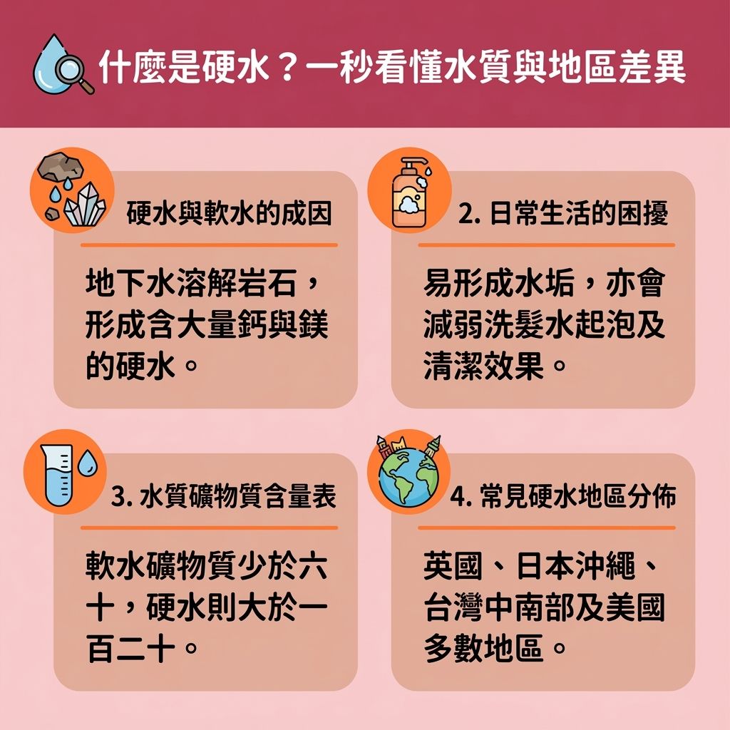 這是一張台灣健康部落格風格的 1:1 正方形資訊圖表,主要探討水質差異及可怕的硬水洗頭後果。圖表區分了硬水與軟水,指出硬水中含有大量重金屬與礦物質,特別是鈣離子與鎂離子。洗頭時,這些物質極易造成礦物質積聚,改變頭皮酸鹼度並產生游離基,不僅令洗頭水難以達到洗頭水起泡的效果,更會強行打開毛鱗片並損害頭髮的蛋白質。長期下來會導致髮絲脆弱易斷、產生頭皮屑,甚至破壞皮脂腺與毛囊,引發頭皮敏感發炎,並衍生出改善頭皮痕癢的需求。這正是導致脫髮與髮質變差的元兇。
為了達致改善硬水髮質、解決頭髮毛躁並徹底解決斷髮問題,圖表建議採取預防硬水脫髮的措施。例如在家中安裝軟水機過濾系統或淋浴濾水器等濾水器來淨化水源,以有效改善水質脫髮。洗護方面,透過弱酸性洗髮水進行深層清潔頭皮及頭皮深層護理,幫助去除頭髮礦物質。後續配合護髮素與護髮膜滋潤,能有效保護毛囊健康、維護頭皮穩定,最終達到減少掉髮數量的效果。