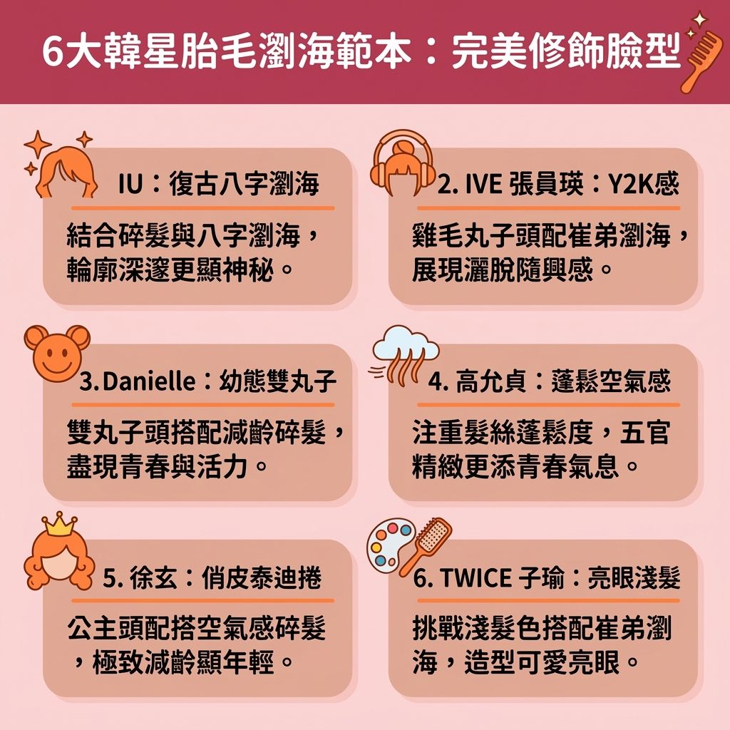 這是一張台灣健康部落格風格的 1:1 正方形扁平化資訊圖表,介紹六大女星的範本。這款韓系減齡髮型被譽為髮際線稀疏救星,能有效修飾高額頭與拯救寬額頭。透過巧妙運用額頭邊緣的碎髮與髮絲,不僅能遮蓋額角禿、遮擋邊緣缺角,更能完美隱藏髮際線後移,是掩飾脫髮初期的絕佳掩護。圖表深入探討了胎毛瀏海適合臉型,說明它如何幫助改善臉型比例、修飾面部輪廓,並塑造小臉視覺,突顯精緻的五官。
作為解決頭髮稀疏的視覺方案,這能增加髮量視覺效果與改善稀疏髮際線,同時提升髮型層次感。若想自己動手剪瀏海,可搜尋整理胎毛教學與胎毛瀏海剪法:準備好扁梳與剪刀修剪後,使用定型噴霧與少量髮尾油掌握胎毛瀏海定型技巧,以維持髮型。若本身髮量不足,可搭配髮際線粉填補髮際線與額角。當然,治本之道仍需關注頭皮與毛囊健康,從髮根著手,必要時塗抹生髮水,或尋求專業的植髮療程,徹底解決脫髮危機。