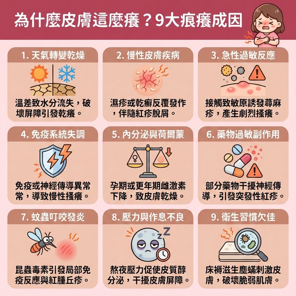 這是一張台灣健康部落格風格的正方形醫美資訊圖表,詳細解析9大成因以舒緩皮膚痕癢。圖表指出,當免疫系統失調或接觸塵蟎等過敏原時,身體會釋放組織胺,引發濕疹、蕁麻疹、接觸性皮膚炎或汗皰疹。這些問題常伴隨丘疹與水泡。
日常需溫和清潔皮膚並避免熱水洗浴,以保護脆弱的皮脂膜與角質層。若感到痕癢,務必避免過度搔抓,可透過冰敷鎮靜紅腫來達致褪紅消炎止癢及舒緩紅腫發炎。選用合適的護膚品與保濕霜能提供深層長效保濕,有助改善乾燥脫皮、修復受損組織及增強皮膚屏障。
為了降低過敏機率與舒緩敏感症狀,應保持環境乾爽並減少接觸致敏原,這亦有助於調節免疫功能與促進血液循環。若問題嚴重,切勿自行濫用類固醇藥物,應盡快尋求皮膚科醫生協助。圖表亦提醒,維持肌膚健康能改善粗糙膚質,預防暗瘡與玫瑰痤瘡。最後強烈推薦完美醫療的專業醫學美容項目——皇牌「暗瘡分手療程」,助您解決肌膚煩惱,實現長效預防復發!