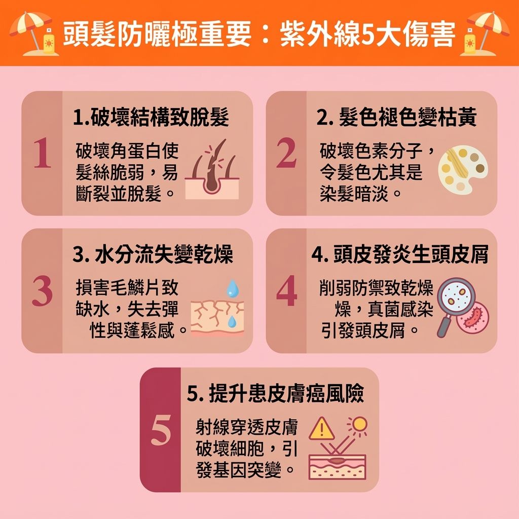 這是一張 1:1 正方形的可愛扁平化醫美資訊圖表,教導大家【夏日頭皮護理】與【物理防曬方法】(例如撐【太陽傘】或戴【遮陽帽】)。圖中指出【紫外線傷害頭髮】的嚴重性,當【紫外線】產生【自由基】攻擊【頭皮】與【髮絲】時,會嚴重破壞保護性的【毛鱗片】,導致【水分】、【蛋白質】、【氨基酸】與【角蛋白】大量流失。
這不僅會刺激【皮脂腺】,使【毛囊】受損引發【脫髮】與【預防光老化脫髮】的危機,還會破壞【黑色素】。我們必須【隔離紫外線傷害】,才能有效【改善頭髮枯黃】、【延緩頭髮老化】及【保持頭髮光澤】。為【預防頭皮曬傷】並【避免頭皮脫皮】,出門可噴灑專用【防曬噴霧】。
曬後務必進行【曬後頭髮修復】,洗髮後使用【護髮素】、【髮膜】或在【髮尾】塗抹【護髮油】。這些步驟能做好【鎖水保濕護理】與【深層滋潤修護】,有效【舒緩頭皮紅腫】、【減少水分流失】及【補充頭髮營養】。最終達到【修復受損毛鱗片】、【解決髮絲乾枯】、【撫平頭髮毛躁】與【防止頭髮斷裂】的完美修護效果!