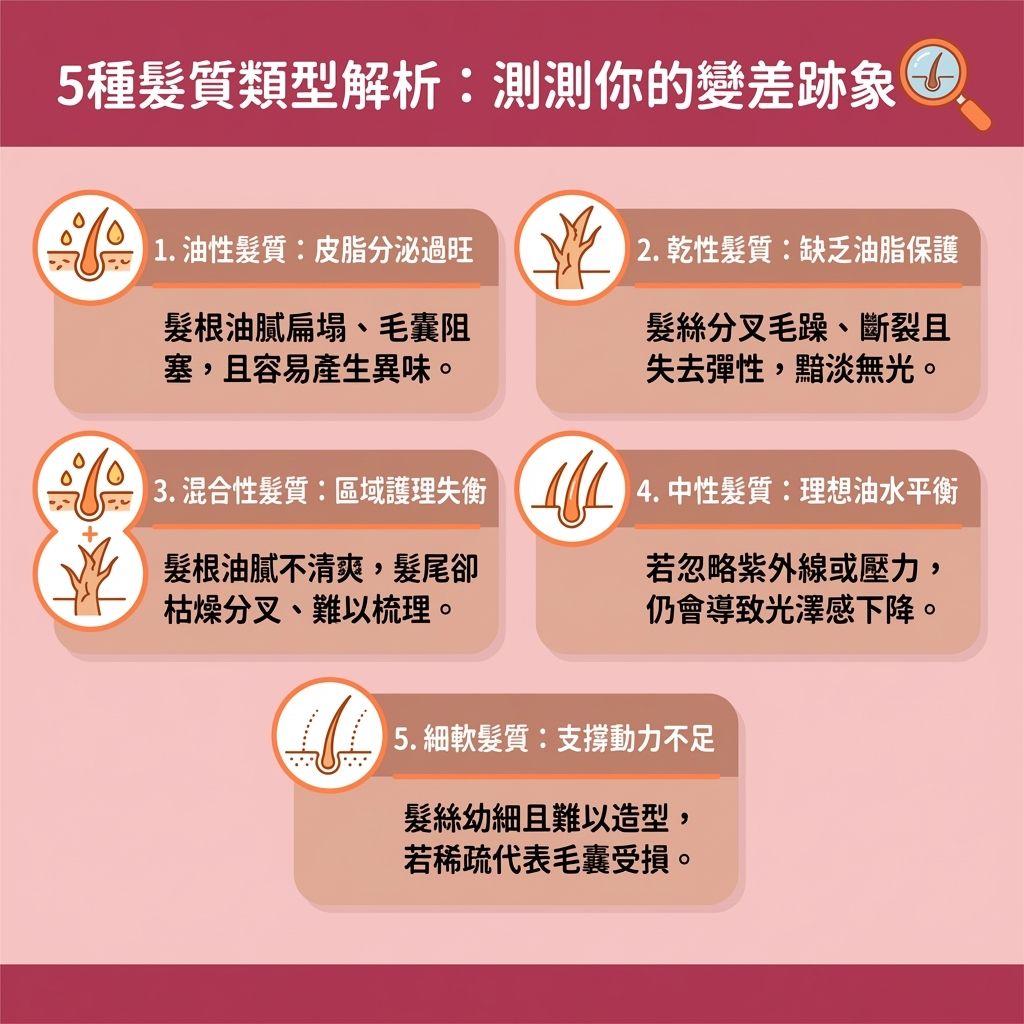 這是一張台灣健康部落格風格的 1:1 插圖,詳細教學受損髮質修復。圖中解釋了皮脂與水分失衡導致的頭髮問題。針對不同頭皮狀況,教導讀者正確洗頭方法並搭配適當的洗頭水以達成頭皮油脂平衡。畫面展示如何利用護髮素、髮膜與護髮油進行居家護髮療程,並使用頭髮保濕噴霧達成抗氧化護髮,讓毛鱗片閉合(保護毛鱗片)以預防髮絲分叉與改善頭髮乾枯。
圖表強調了角蛋白與蛋白質對強化髮根健康與增加頭髮光澤(維持黑色素與彈性)的重要性。內容涵蓋了如何透過撫平毛躁技巧與分享順滑光澤心得,並提醒大眾要避免高溫傷髮,例如正確使用吹風機(建議選用帶有負離子或陶瓷技術的工具)及合適的梳子來預防頭髮靜電。
此外,內容提到頭皮深層護理可促進血液循環、保護毛囊並減少掉髮數量。針對細軟髮提出了改善頭髮扁塌的方案,並建議讀者應定期修剪頭髮,同時保護秀髮免受紫外線傷害,以維持髮色持久。