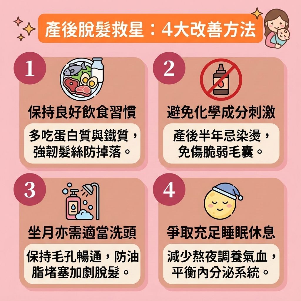 這是一張 1:1 正方形的可愛扁平化向量資訊圖表,採用台灣健康部落格風格,詳細解析【產後脫髮成因】與【預防產後脫髮】的方法。圖表指出,因生產後【荷爾蒙變化】,體內【雌激素】與【孕酮】急降,導致原本在【生長期】的【頭髮】提早進入【休止期】,引發【產後掉髮週期】失衡與嚴重的【產後脫髮】。
要【改善休止期脫髮】與【改善頭髮稀疏】,媽咪需要好好【調理產後身體】,【補充頭髮營養】如【蛋白質】與【鐵質】等【營養】,幫助【強健脆弱髮根】。同時,務必【舒緩產後壓力】,【改善睡眠質素】,確保有充足【睡眠】以降低身心【壓力】。
在【選擇防脫髮產品】時,應挑選合適的【防脫髮洗頭水】(【洗頭水】),並配合正確洗髮來【促進頭皮血液循環】,保護【頭皮】與【毛囊】。若想進一步【改善髮際線後移】,可考慮使用【生髮水】或【育髮精華】來【刺激毛囊再生】、【延長頭髮生長期】,從而【減少掉髮數量】。情況嚴重時,建議諮詢【醫生】,探討專業的【產後生髮療程】、【激光生髮】或【植髮】等選項,早日【恢復頭髮濃密】!