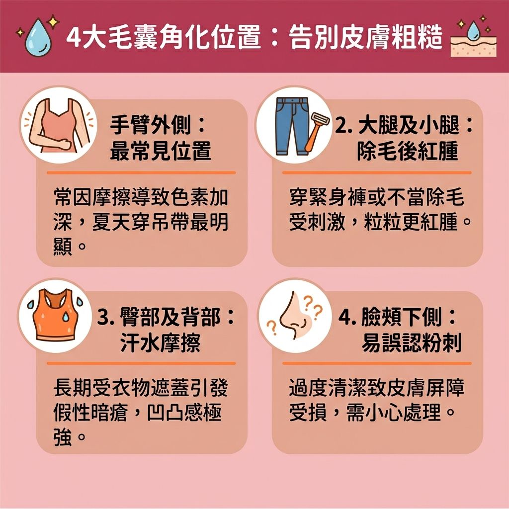 這是一張台灣健康部落格風格的正方形資訊圖表,詳細圖解常見的遺傳性皮膚問題——毛囊角化(俗稱雞皮疙瘩)。圖中標示了容易發作的部位,包含手臂、大腿與臉頰,這些地方的皮膚常因角蛋白異常堆積與遺傳因素,造成角質過厚與皮脂分泌不暢。這不僅會導致毛孔粗大,引發炎症與皮膚乾燥痕癢,更會留下難看的色素。
圖表建議日常的身體護理保養要注重溫和去角質方法,可以利用含有果酸、水楊酸或尿素的產品。發揮果酸換膚功效能有效溶解毛孔污垢、軟化老化角質並促進角質代謝,從而疏通毛孔堵塞並抑制角質增生。後續務必塗抹保濕霜與身體保濕乳液來改善皮膚粗糙與修復受損屏障,緩解因乾燥引起的狀況並減輕皮膚泛紅。
面對嚴重的狀況,可尋求專業醫生的毛囊角化症治療與毛囊發炎處理。搭配專業的激光儀器進行激光去印效果治療,或透過激光脫毛療程清除多餘毛髮,能有效減少色素沉澱、保護毛囊,最終達到改善雞皮疙瘩的完美效果。