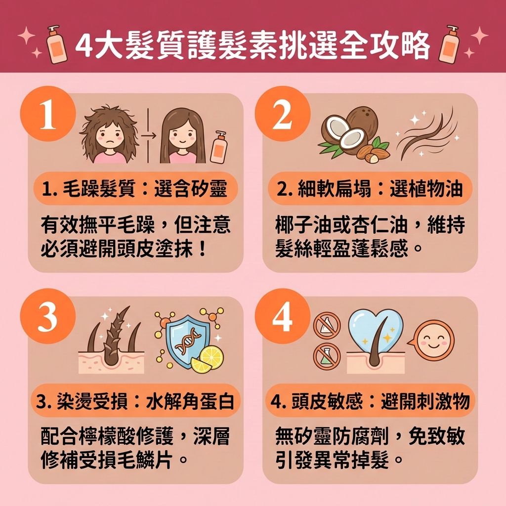 這是一張 1:1 正方形的扁平化向量資訊圖表插畫,採用台灣健康部落格風格,教您如何挑選【護髮素】與【洗頭水】以【改善頭髮乾燥】及【修復受損髮絲】。
圖表指出不同髮質的【日常頭皮護理】重點。若【頭皮】敏感,需【舒緩頭皮敏感】,選擇能【溫和清潔頭皮】與【深層清潔頭皮】的產品,避開刺激成分以【解決毛孔堵塞】,保護【角質層】與【皮脂腺】。維持正常的【頭皮油脂分泌】,能避免產生【頭皮屑】與【脫髮】危機。
染燙受損者可搭配【髮膜】或【髮尾油】,補充【角蛋白】、【蛋白質】與【胺基酸】,藉此【補充頭髮營養】,【減少頭髮折斷】並【強健脆弱髮根】。面對因【荷爾蒙】失調或【雙氫睪酮】引起的【雄性禿】落髮,正確洗護是基礎的【預防脫髮方法】。配合【防脫髮洗頭水】及改善【血液循環】的按摩,能有效【改善頭皮環境】。
若想進一步【減少掉髮數量】、【改善頭髮稀疏】、【促進頭髮生長】、【延長生長週期】並【激活休眠毛囊】,除了外用【生髮水】,建議尋求【專業生髮療程】與醫學【生髮療程】的幫助,甚至考慮【植髮】手術來徹底拯救受損【毛囊】。