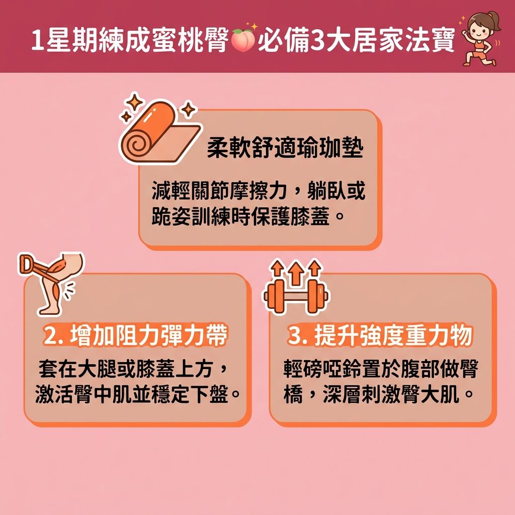 這是一張1:1正方形的台灣健康部落格風格資訊圖表,教你如何在家【練成蜜桃臀】及【收緊臀部線條】。圖中展示了利用瑜珈墊保護【關節】、配合【彈力帶】與【啞鈴】來進行【深蹲】與【臀橋】。這些動作能有效激活【臀大肌】、【臀中肌】與【臀小肌】,並【強化核心肌群】及【腹直肌】。
無論是想【產後修身】的【產婦】(因【雌激素】改變易生【假肚腩】),或想【改善假跨寬】及【預防骨盆前傾】的女性,鍛鍊【核心肌肉】與【大腿】都能【提升下肢力量】、【舒緩腰背痛楚】、【促進血液循環】及【改善下半身水腫】。增加【肌肉】量並攝取足夠【蛋白質】,更能【提升基礎代謝】並燃燒【卡路里】與【脂肪】。
除了居家運動,圖表也建議尋求【增肌減脂療程】或【無創修身療程】(如利用【電磁波】技術【刺激肌肉收縮】)。這能更快速【消除頑固脂肪】、【修復腹直肌】、【改善產後肚皮鬆弛】、【緊緻大腿內側】、【提升臀部輪廓】及【塑造葫蘆身型】,讓【骨盆】位置更健康。