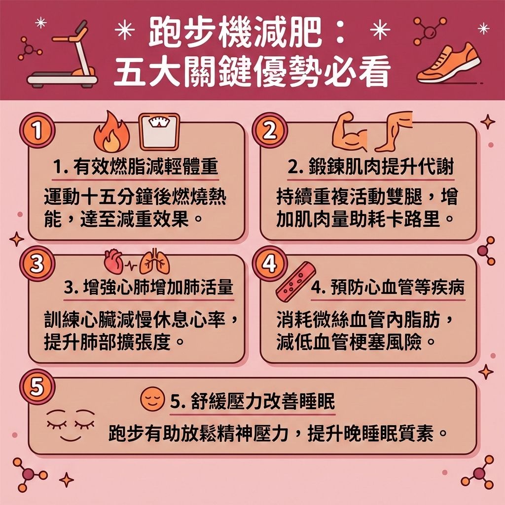 這是一張 1:1 正方形的扁平化向量資訊圖表插畫,採用指定的可愛、具教育性與醫美感的台灣健康部落格懶人包風格。頂部有醒目標題「跑步機減肥:五大關鍵優勢必看」。底部完全統一為背景色 #F4C2C2,沒有任何多餘文字。
圖表詳細介紹了最熱門的跑步機減肥方法與有效消脂運動。作為一種高效的跑步機訓練與有氧運動,能大幅促進整體新陳代謝。在開始跑步前,做好跑前熱身運動能保護膝蓋關節,結束後也應進行跑後拉筋伸展。
運動過程中,您可以調整坡度與速度,特別是調節坡度消脂並融入高強度間歇訓練,同時將心跳率控制在理想的控制心跳區間,能更有效地消耗卡路里。長期跑步不僅能強化核心肌群、增加腿部肌肉量,還能全面提升基礎代謝與整體的基礎代謝率。這對燃燒深層脂肪、擊退頑固的皮下脂肪、內臟脂肪以及脂肪細胞至關重要,是極佳的減大肚腩方法與消除腹部贅肉策略。此外,跑步機訓練還能幫您突破減肥停滯期,大幅降低體脂比例與體脂率,完美預防脂肪積聚,輕鬆打造易瘦體質。
除了運動,配合控制碳水化合物、攝取優質蛋白質與膳食纖維的健康減重餐單也十分重要。若追求更顯著、更精準的體態雕塑,可以結合醫學美容的無創減脂技術與局部減脂療程,透過專業的溶脂科技進行醫美定位修形,能更高效地為您塑造緊緻線條。