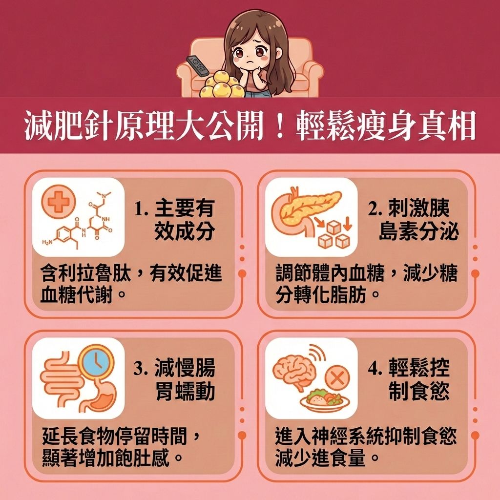 這是一張台灣健康部落格風格的「正方形 1:1」醫美資訊圖表,詳細解說減肥針與減肥筆的運作原理。圖中的長髮女生處於男生的場景中,表情保持一致。當你難以控制食慾時,這種處方藥物能透過類似腸泌素的作用,刺激胰島素分泌(增加胰島素),幫助降低血糖水平並穩定血糖。它會影響神經系統與荷爾蒙來抑制食慾,並減慢胃部排空,讓食物在腸胃中停留更久,從而延長飽足感(增加飽足感),有效減少熱量攝取(精算卡路里)。
這有助於減少脂肪積聚,打擊全身的脂肪細胞,包含深層的內臟脂肪與表層的皮下脂肪。雖然這是一種無創減肥方法,但可能會引起腸胃不適等副作用,因此注射前必須經過註冊醫生的專業醫生評估。日常生活中仍需配合健康飲食並進行帶氧運動,維持基礎代謝率與提升新陳代謝,從根本上改善易胖體質並燃燒體內脂肪。對於想消除頑固脂肪、降低體重指數與體脂率(或想突破減肥停滯期)的人,亦可考慮醫學美容的局部減脂療程。香港完美醫療提供專業的醫美定位修形與專屬瘦身方案,助您安全重塑完美體態!