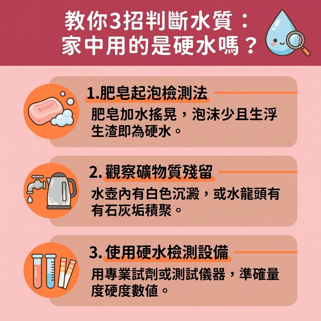 這是一張台灣健康部落格風格的 1:1 正方形資訊圖表,教大家判斷家中的水質是硬水還是軟水。圖表指出,若洗頭水起泡少,代表有鈣離子與鎂離子等礦物質積聚。了解這點非常重要,因為硬水洗頭後果嚴重,水中的重金屬與過多礦物質會破壞頭髮的蛋白質與毛鱗片,產生游離基,導致髮絲脆弱易斷。若不處理,失衡的酸鹼度會刺激皮脂腺,引發頭皮屑與頭皮敏感發炎,讓您急需改善頭皮痕癢,最終傷害頭皮與毛囊,影響髮質並加劇脫髮危機。
為達致保護毛囊健康與減少掉髮數量,圖表建議採取去除頭髮礦物質的防護措施,例如安裝軟水機過濾設備或淋浴濾水器(如專業濾水器)。在日常洗護方面,挑選適合的洗頭水(特別是弱酸性洗髮水)來深層清潔頭皮並進行頭皮深層護理,是改善水質脫髮與預防硬水脫髮的關鍵。洗髮後搭配優質的護髮素及護髮膜滋潤,能有效改善硬水髮質、解決頭髮毛躁並徹底解決斷髮問題。