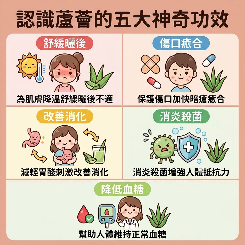 這是一張正方形的扁平化向量醫美資訊圖表,背景採用溫暖色調,詳細介紹天然成分——蘆薈的五大功效。 圖表中展示了皮膚的角質層與真皮層,說明當皮脂腺分泌過盛,容易形成粉刺,甚至引發受痤瘡桿菌感染的暗瘡與石頭瘡。
圖示強調蘆薈凝膠富含維他命、氨基酸與酵素,具有強大的抗氧化與消炎殺菌能力。將其塗抹於患處能舒緩紅腫、減輕痛楚及鎮靜肌膚,有效抑制油脂達致水油平衡。針對敏感肌,它不僅能作為曬後修復來補水保濕及修復屏障,還能軟化角質、減少摩擦、促進癒合,幫助預防暗瘡印和凹凸洞,並淡化色素。
圖表底部建議,除了使用含有蘆薈、水楊酸或茶樹油的產品進行深層清潔與收細毛孔外,若想預防復發及刺激增生(補充膠原蛋白),可考慮完美醫療的暗瘡分手療程,享受溫和無痛的專業護理。