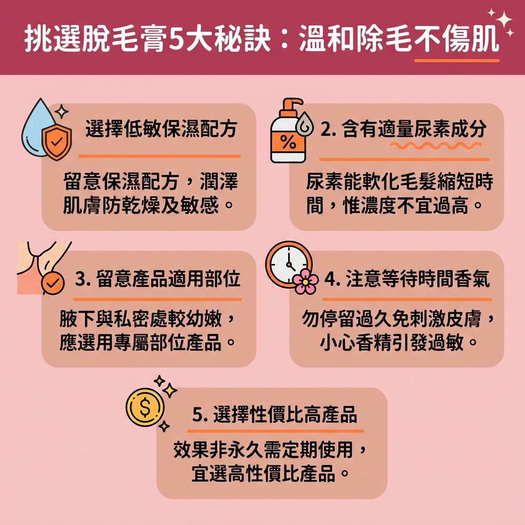 這是一張台灣健康部落格風格的 1:1 正方形資訊圖表,詳細圖解【脫毛膏正確用法】與【溫和脫毛方法】。許多人為了去除【面毛】、【汗毛】或【腋下】毛髮,會使用【剃刀】、【鑷子】或【蜜蠟】,但常引發【拔毛後遺症】,導致【毛孔】粗大與【角質】受損。
使用【脫毛膏】雖然方便,但其中的【化學物質】會溶解【毛髮】的【蛋白質】,容易造成【化學成分致敏】與【脫毛膏副作用】,流失【水分】並引發【炎症】及【黑色素】沉澱。為了【避免皮膚灼傷】並【修復受損屏障】,【敏感肌】應參考圖中的【敏感肌脫毛推薦】。
在進行【腋下脫毛步驟】或【面部脫毛注意】事項時,需【軟化老化角質】,並做好【脫毛後護理保養】,以【舒緩脫毛紅腫】、【解決毛囊發炎】、【改善皮膚粗糙】及【減少色素沉澱】。若想【預防毛髮倒生】並保護【皮膚】與【毛囊】,建議諮詢專業【醫生】,選擇【無痛激光脫毛】或專業的【激光脫毛療程】。透過【激光】技術,不僅能達到【永久脫毛效果】,更能徹底解決毛髮困擾。
