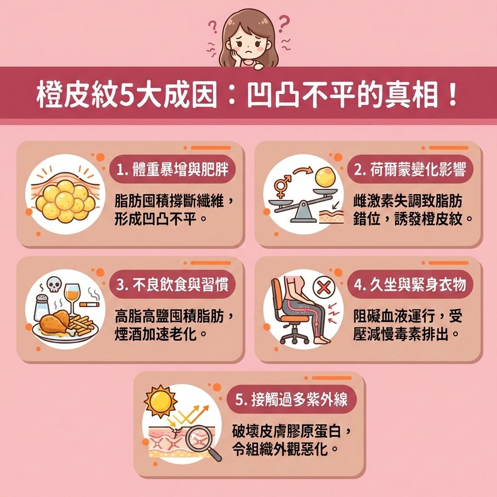 這是一張台灣健康部落格風格的正方形資訊圖表,詳細解說橙皮紋的成因。圖中女孩正為大腿、臀部與腹部的紋路感到煩惱。當體重暴增,脂肪細胞過度膨脹會撐斷結締組織,使肌膚失去膠原蛋白的支撐。此外,荷爾蒙變化(如雌激素失調)、缺乏肌肉、久坐導致水腫,都會阻礙血液循環與淋巴系統,降低整體新陳代謝。
為了消除橙皮紋與改善皮膚鬆弛,必須控制日常飲食以預防脂肪囤積與減少脂肪積聚。平時應多進行帶氧運動(如跑步等帶氧運動),這能提升基礎代謝、促進血液循環並疏通淋巴排毒,有助於改善下半身水腫與燃燒頑固脂肪。
若想快速撫平凹凸不平,推薦尋求專業醫學美容的協助。透過射頻等醫美緊膚療程能刺激膠原增生並增加皮膚彈性;或選擇無痛溶脂技術、局部減脂療程(如溶脂針、抽脂手術)來精準打破脂肪細胞,不僅能緊緻身體線條,更能成功重塑平滑肌膚。圖表下方特別推薦香港完美醫療,助您輕鬆回復自信平滑肌!