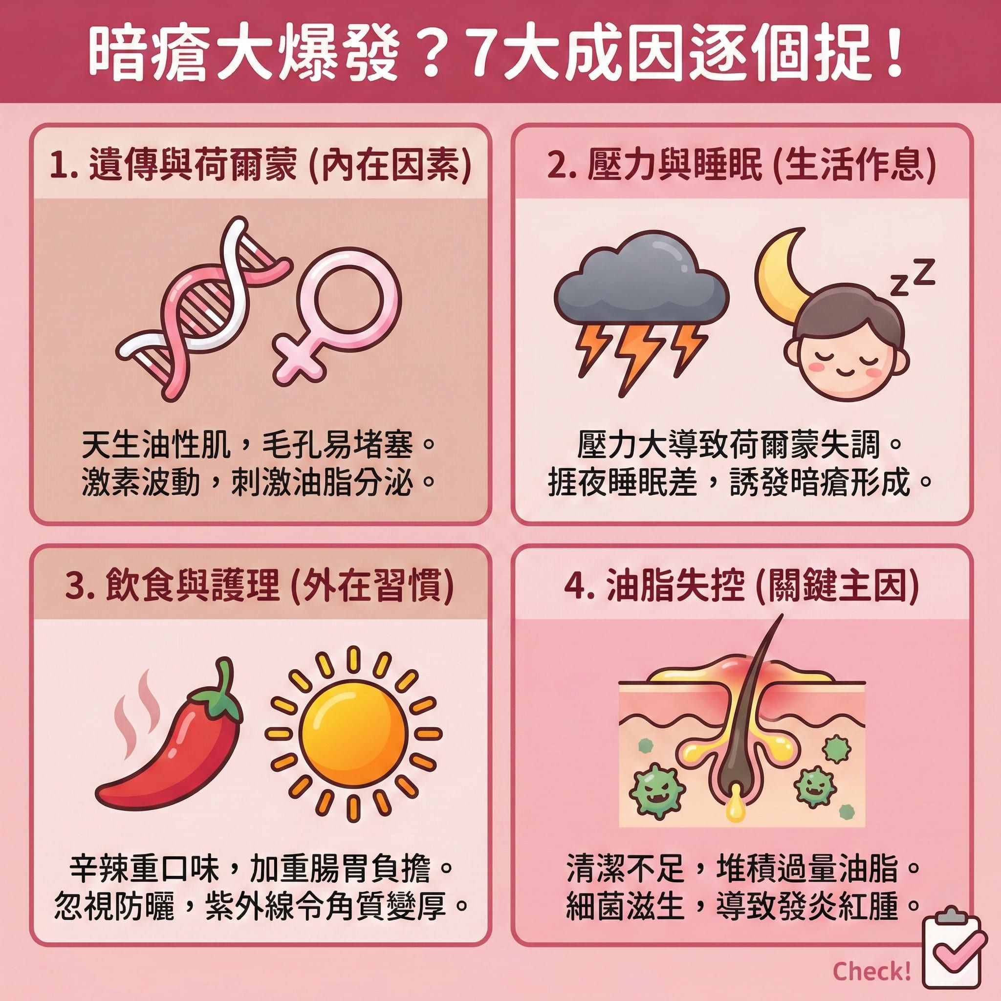 這是一張正方形的扁平化向量醫美資訊圖表,背景採用#F4C2C2粉色調,主題解析七大暗瘡 (Acne) 成因。
圖表詳細描繪了導致油脂分泌過多與毛孔堵塞的因素。
遺傳與荷爾蒙 (Hormones):說明皮脂腺 (Sebaceous Glands) 活躍度受基因影響,以及生理期荷爾蒙失調如何影響角質層 (Stratum Corneum) 代謝。
壓力與生活習慣:展示紓緩生活壓力與調整飲食習慣的重要性,警告睡眠不足會加劇發炎紅腫與細菌感染,助長痤瘡桿菌 (P. acnes)。
環境因素:圖示強調紫外線 (UV Rays) 對皮膚的傷害,需徹底清潔及水油平衡來預防黑頭粉刺 (Blackheads / Comedones) 惡化成膿瘡 (Pustules) 或石頭瘡 (Cystic Acne)。
圖表周圍裝飾包含治療對策的圖示,如使用水楊酸 (Salicylic Acid / BHA)、果酸 (AHA) 或茶樹油 (Tea Tree Oil) 進行去除老廢角質。亦提及嚴重情況需尋求專業皮膚分析,使用異維A酸 (Isotretinoin / A酸)、抗生素 (Antibiotics)、視黃醇 (Retinol) 或類固醇 (Steroids)。底部建議使用暗瘡貼 (Acne Patch) 吸收分泌物及加速傷口癒合,並避免擠壓以預防疤痕。對於頑固暗瘡,推薦醫療級換膚或激光治療 (Laser Treatment) 以抑制黑色素、淡化痘印並刺激膠原增生 (膠原蛋白 (Collagen)),達致舒緩鎮靜與敏感肌膚護理,並推薦完美醫療 (Perfect Medical) 的服務。