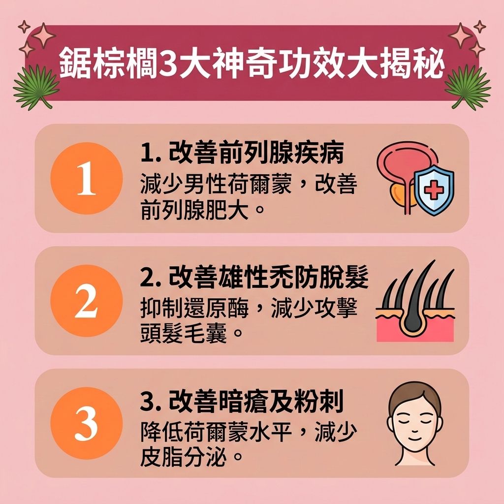 這是一張 1:1 正方形的扁平化向量資訊圖表插畫,採用台灣健康部落格風格,詳細介紹作為【天然生髮補充品】的【鋸棕櫚功效】。面對【男性脫髮危機】或【女性脫髮原因】,當體內的【睪酮】等【荷爾蒙】結合【還原酶】轉化為【雙氫睪酮】時,會無情攻擊【頭皮】的【毛囊】,導致【皮脂腺】的【頭皮油脂分泌】過剩,引發嚴重的【雄性禿】與【脫髮】。
圖表解析了富含【植物固醇】的【植物萃取】成分【鋸棕櫚】,如何成為極佳的【雄性禿治療方法】。它能有效【阻斷還原酶】並【抑制男性荷爾蒙】,不僅能改善【前列腺】問題,作為【鋸棕櫚防脫髮】方案,更能【刺激毛囊再生】、【強健脆弱髮根】、【延長生長週期】,並【減少掉髮數量】。這有助於【預防髮線後移】與【解決前額脫髮】,成功【改善頭髮稀疏】並拯救後退的【髮線】。
相較於擔憂【副作用】與【鋸棕櫚副作用】,或依賴含【米諾地爾】的【生髮水】及服用【非那斯特萊】,鋸棕櫚能更溫和地【改善頭皮環境】與【血液循環】,【促進頭髮生長】。若毛囊已嚴重萎縮,圖表亦建議可尋求【專業生髮療程】或先進的【植髮】技術來重拾自信。