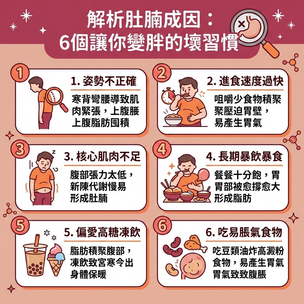 這是一張 1:1 正方形的扁平化向量資訊圖表插畫,設計風格可愛、具教育性且帶有醫美感,排版類似台灣健康部落格資訊格,頂部有醒目標題「解析肚腩成因:6個讓你變胖的壞習慣」。
圖表詳細分析了肚腩(包含皮下脂肪與內臟脂肪)形成的不同階段與壞習慣。針對肚腩形成後產生的許多美觀問題,圖表以吸晴的方式融合了預防與改善資訊。
畫面左側與右側裝飾小資訊列出了許多與皮膚紋路相關的醫美觀點,連結壞習慣導致的後果。圖表探討肥胖紋成因與壞習慣有關,例如體重急速變化(如體重暴增)會撐破真皮層的膠原蛋白與彈性纖維,導致脂肪細胞在腹部、大腿與臀部快速增加,形成肥胖紋、妊娠紋與生長紋。畫面上提示了預防肥胖紋產生並尋找消除肥胖紋方法的重要性,特別是伴隨橘皮組織的改善凹凸不平皮膚表面。
畫面下方融合了預防壞習慣的健康觀念元素:代表基礎代謝率、有氧運動(如使用跑步機的人物)以及健康鮮榨的蔬果汁。
針對壞習慣產生的贅肉與皮膚問題,圖表側邊小欄位提及了專業的醫學美容是最佳的醫美定位修形建議!透過許多無創去紋療程(如激光或射頻技術)深入刺激真皮層修復與恢復皮膚彈性,有效為您淡化生長紋、改善皮膚鬆弛、解決減肥皮膚鬆弛並恢復皮膚彈性。配合能燃燒深層脂肪的局部減脂療程與專業溶脂技術,可達到消除腹部贅肉、提升基礎代謝與整體的基礎代謝率,進一步加速新陳代謝並打造易瘦體質。若再搭配適合的產後修身療程,不僅能為您有效去紋,更能緊緻身體線條、降低體脂比例與體脂率,燃燒深層脂肪,全方位重拾平滑美肌!