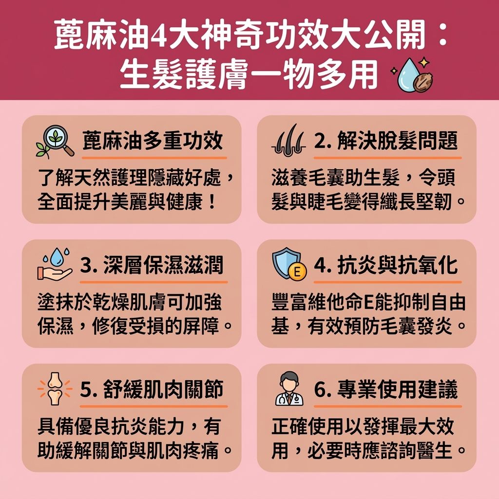 這是一張台灣健康部落格風格的 1:1 正方形資訊圖表,詳細解析了蓖麻油的四大功效。許多人關注蓖麻油生髮功效,探討其如何促進頭髮生長與解決脫髮問題。對於受頭髮稀疏、產後脫髮或雄性禿困擾的人士,了解蓖麻油正確用法是一種極佳的天然生髮方法。蓖麻油富含脂肪酸、蛋白質與維他命(特別是蓖麻油酸),能深入頭皮與髮根,有效刺激毛囊並滋潤頭皮,從而改善頭皮健康、補充所需營養及增加頭髮濃密度。它能改善頭皮血液循環(促進血液循環),幫助角蛋白合成,達到強化髮絲、減少斷髮與修護受損頭髮的效果,是網上熱門的護髮油推薦與生髮精華推薦首選。
除了生髮,蓖麻油具備強大的抗氧化劑與抗菌能力,能對抗真菌與抑制炎症,平衡皮脂腺與荷爾蒙分泌,有助於治療頭皮屑並預防掉髮及脫髮。然而,使用前應留意潛在的蓖麻油副作用。若有嚴重的頭皮疾病,建議直接諮詢皮膚科醫生。圖表亦提醒,在進行各類醫美保養如脫毛療程比較,或留意肌膚的激光反應時,維持皮膚的健康屏障同樣重要。