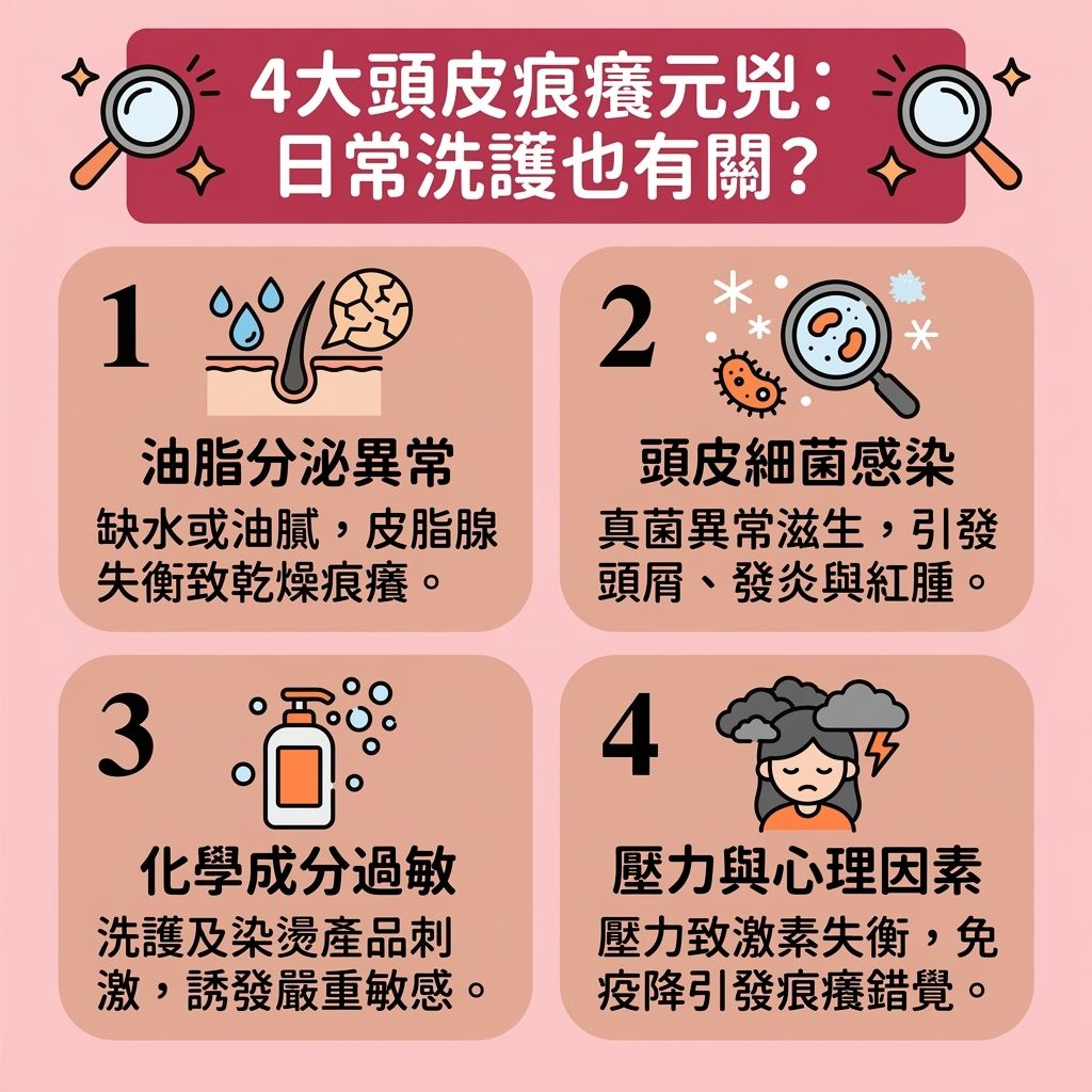 這是一張 1:1 扁平化醫美資訊圖表,教導大家【正確洗頭方法】與【日常頭皮護理】。當面對【氣候】轉變或【壓力】大時,【免疫系統】與【荷爾蒙】容易失調,導致【皮脂腺】分泌過多【油脂】,缺乏【水分】並破壞【角質層】。這會引發【頭皮】與深層【毛囊】【敏感】及【紅腫】,甚至滋生【真菌】,引發【濕疹】、【皮膚炎】與【頭皮屑】,最終導致嚴重【脫髮】,損害脆弱的【髮絲】。
為了【舒緩頭皮痕癢】與【解決頭皮乾燥】,必須【改善頭皮環境】。日常應選擇溫和的【洗頭水】與【護髮素】,並注意【降低洗頭水溫】。這樣能【溫和清潔頭皮】、【深層清潔毛孔】,有效【控制油脂分泌】並【保持水油平衡】,同時【避免過度清潔】。
這套護理具有【抗菌消炎作用】,能【減少頭皮屑】、【預防毛囊發炎】及【修復受損屏障】。若出現嚴重狀況,應及早【尋求專業治療】以【治療脂漏性皮炎】。配合【改善睡眠質素】,能進一步【舒緩頭皮敏感】,全面【預防異常脫髮】!