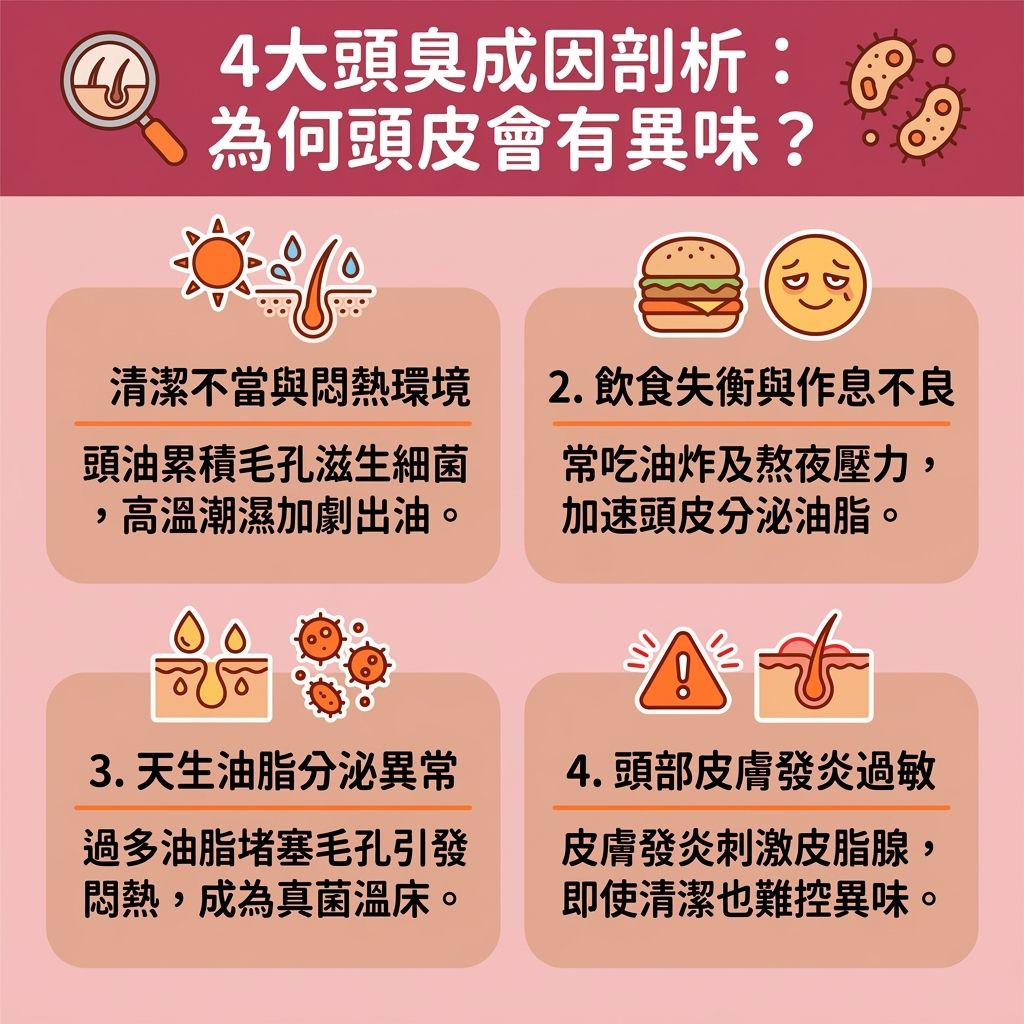 這是一張台灣健康部落格風格的 1:1 資訊圖表,詳細解說頭臭解決方法與改善頭皮異味的衛教知識。圖表指出,夏天頭皮流汗與高濕度會刺激汗腺與皮脂腺,導致油脂過度分泌。若面臨青春期頭皮味或因壓力導致的壓力型頭皮臭,甚至出現洗頭後頭臭,這通常是細菌與馬拉色菌在頭皮過度繁殖所致。
為預防頭皮出油與進行頭皮深層清潔,我們需要掌握正確洗頭步驟。建議選擇合適的去油洗頭水推薦或抑菌抗屑洗髮精(而非錯誤使用洗頭水與護髮素),定期使用頭皮去角質推薦產品清除老廢角質,以減少頭皮細菌滋生與頭皮屑。洗髮後必須用吹風機從髮根處徹底吹乾頭髮,並定期更換乾淨的枕頭套。
內在保養方面,飲食清淡改善體味能調節飲食影響,而調整作息改善出油能穩定荷爾蒙,避免荷爾蒙失調脫髮。針對發炎問題,需注意毛囊炎護理保養與脂漏性皮炎護理,以舒緩頭皮敏感,保護毛囊免受紫外線傷害,並促進血液循環,從根本解決異味煩惱。