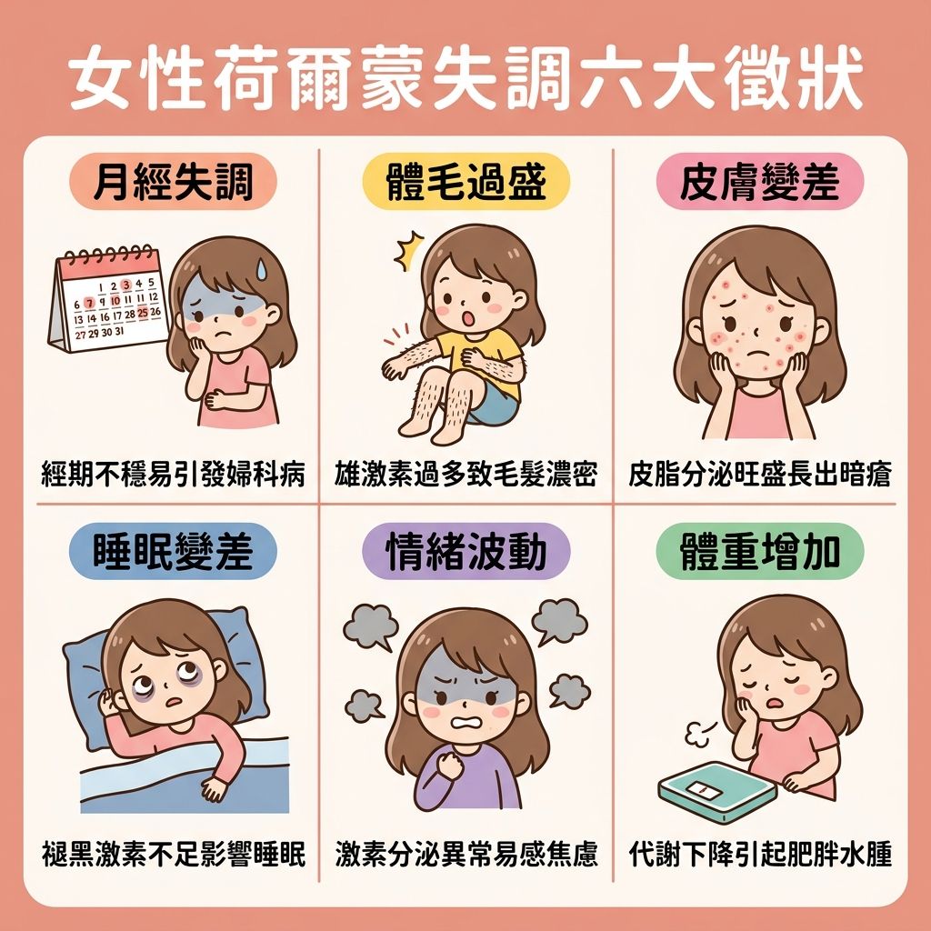 這是一張正方形 1:1 的現代醫療健康資訊圖表(Infographic),採用扁平化設計(Flat design)及帶有日系/台系可愛卡通感的 2D 向量插畫風格。背景採用純色且簡單的柔和色系 #E5B1A1,版面以彈性網格排版,用淺色直線清晰地劃分為 6 個整齊的方格區塊。圖表全面解析女性【荷爾蒙】與【內分泌】失調的六大徵狀。
第一格「月經失調」,插畫顯示女生看著日曆發愁,指出【卵巢】功能影響【雌激素】與【黃體酮】分泌,引致【月經失調】及【月經】不準,建議及早尋求【醫生】作【專業診斷】。
第二格「體毛過盛」,插圖展示女生因【內分泌失調】致【雄性激素】【分泌過剩】,出現毛髮濃密問題。
第三格「皮膚變差」,描繪臉上長滿【暗瘡】與【荷爾蒙瘡】的女生,說明異常激素會【刺激油脂】分泌,導致【皮脂腺】活躍、【水油失衡】及【阻塞毛孔】,日常需注意【規律作息】與尋求有效【療程】以【改善暗瘡】及【預防復發】,確保優良的【療程效果】。
第四格「睡眠變差」,插畫顯示女生在床上輾轉反側,因【褪黑激素】不足引致【睡眠不足】及【睡眠】質素下降,建議【減少熬夜】。
第五格「情緒波動」,插圖表現女生因【壓力】與【情緒波動】而煩躁,這與【腎上腺素】及【甲狀腺】分泌異常有關,提醒需尋找方法【舒緩壓力】。
第六格「體重增加」,女生看著體重磅嘆氣,指出【胰島素】等激素變化及【飲食不均】會減慢【新陳代謝】,引致【體重增加】。整體建議應【調理身體】、【補充營養】及注意日常【飲食】,以【促進代謝】。每一格頂部都有底色膠囊形小標題,中央配有手繪人物風格專屬插圖。整體排版具教育性醫美感,設計整潔,且圖片下方絕無添加特定品牌字眼。