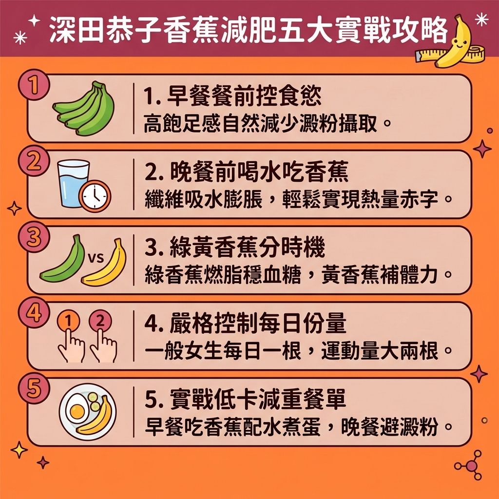 這是一張 1:1 正方形的扁平化向量資訊圖表插畫,嚴格採用台灣健康部落格懶人包風格。圖表以可愛、具教育性與醫美感的方式解析「深田恭子香蕉減肥五大實戰攻略」,底部保持純淨無字並無縫應用背景色。
圖表詳細解析「香蕉減肥法」,教導如何透過早餐吃香蕉來建立健康減重餐單與改善飲食習慣。香蕉富含抗性澱粉與水溶性纖維,能增加飽足感並延長飽足時間,幫助控制熱量攝取以減少多餘卡路里。這有助於穩定血糖水平,避免血糖與胰島素劇烈波動。
豐富的纖維能滋養腸道益生菌,維持消化系統健康,促進腸胃蠕動並達成排毒清腸宿便。香蕉中的鉀離子與豐富維他命能改善水腫,有效消除下肢水腫。此外,香蕉還能促進血清素與褪黑激素分泌,幫助提升睡眠質素。
正確執行能提升基礎代謝與整體的基礎代謝率,加速新陳代謝。持續進行能精準燃燒深層脂肪,消滅皮下脂肪、內臟脂肪與頑固的脂肪細胞。這能減少脂肪囤積,大幅降低體脂比例與體脂率,助您順利突破減肥停滯期,輕鬆打造易瘦體質。
若追求更極致的體態,圖表側邊醫美專區建議結合醫學美容的無創減脂技術與局部減脂療程。透過先進的溶脂科技進行醫美定位修形,為您全方位雕塑完美健康身形!