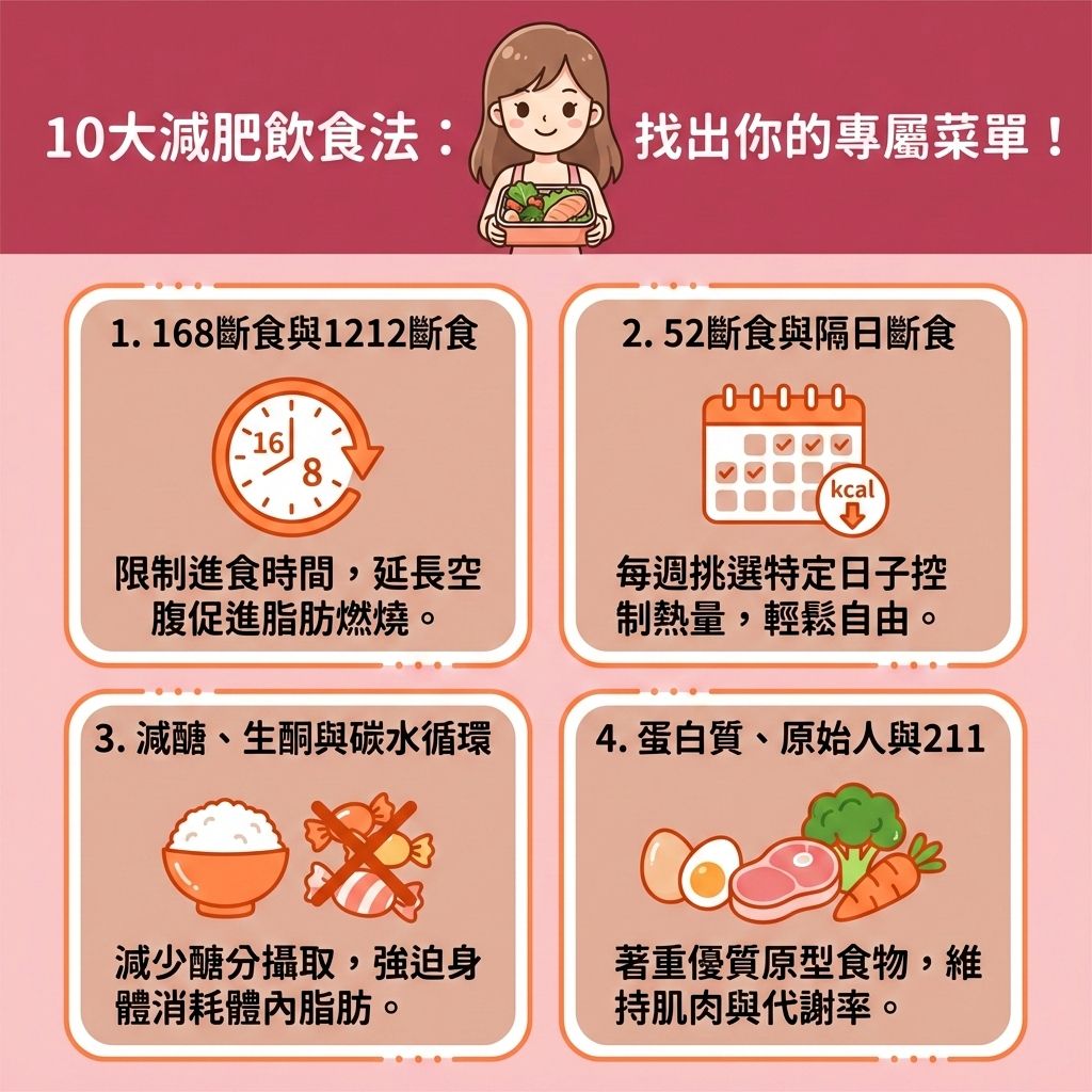 這是一張台灣健康部落格風格的資訊圖表,介紹10大熱門減肥飲食法。圖中可愛女孩正開心地看著由專業營養師為她制定專屬餐單。無論選擇哪種方法,核心都在於控制熱量攝取(精算卡路里)與建立均衡健康飲食。
透過斷食法(如168、1212)能穩定血糖水平(穩定血糖)並調整荷爾蒙,幫助燃燒體內脂肪與減少脂肪積聚。減醣與生酮飲食則大幅降低碳水化合物,迫使身體消耗內臟脂肪與皮下脂肪(總體脂肪)。而蛋白質與211餐盤強調攝取足夠的蛋白質與膳食纖維,不僅能提升基礎代謝與新陳代謝(提高基礎代謝率),更能預防肌肉流失並增加肌肉比例(維持肌肉量)。
日常建議配合帶氧運動(規律進行帶氧運動)並鍛鍊核心肌群來消耗多餘熱量。透過追蹤減重進度,監測體脂率與體重指數,能有效改善易胖體質並突破減肥停滯期。若想快速消除頑固脂肪與塑造緊緻線條,可考慮醫學美容的局部減脂療程。香港完美醫療提供專業的醫美定位修形,無論是無痛溶脂技術、溶脂針或抽脂手術,都能助您安全打造完美體態!
