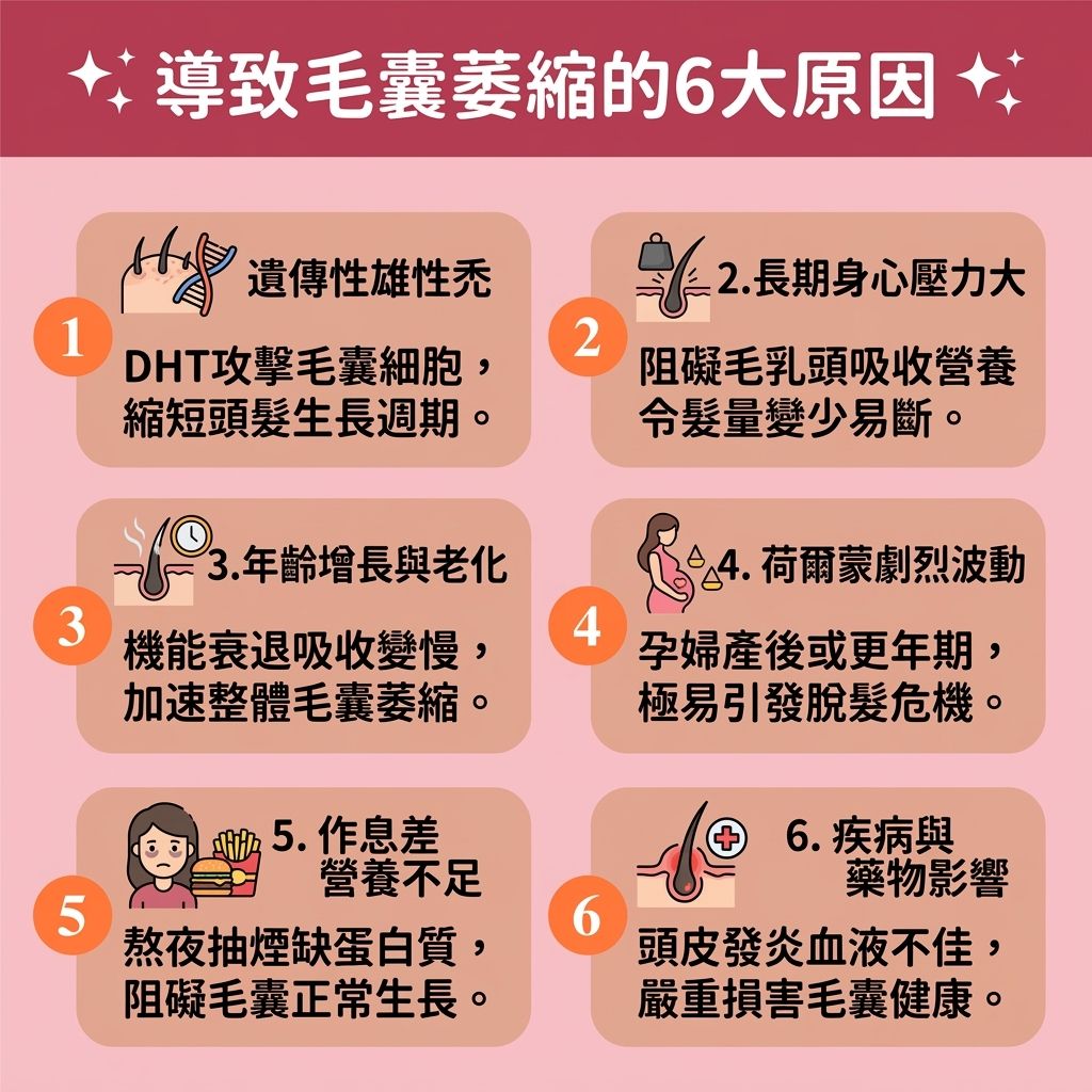 這是一張 1:1 正方形的可愛醫美資訊圖表,主題是【檢測毛囊健康】與【預防脫髮方法】。插畫展示了導致【毛囊】萎縮的原因。圖中解說【遺傳】因素如何讓體內的【雙氫睪酮】攻擊【毛乳頭】,引發【雄性禿】與異常【脫髮】。疾病或【荷爾蒙】波動,會令頭髮提早進入【休止期】,縮短【生長期】,導致【改善髮線後移】變得困難。
為【解決異常掉髮】與【延緩毛囊萎縮】,必須【調理頭皮健康】及【改善頭皮環境】。若【皮脂腺】分泌過多【油脂】堵塞【毛孔】,需【深層清潔毛孔】與【控制頭皮出油】。日常應攝取足夠的【蛋白質】與【角蛋白】,以【補充毛囊營養】及提供【營養】。
此外,透過【促進血液循環】與維持良好的【血液循環】,能保護【頭皮】的【微絲血管】。圖表建議尋求【專業生髮療程】,例如使用【激光】或【生髮水】,這能有效【治療雄性禿】、【修復受損毛囊】、【刺激毛囊再生】及【激活休眠毛囊】。這些對策能【強健脆弱髮根】、【延長生長週期】,成功【改善頭髮稀疏】並大幅【增加頭髮密度】!