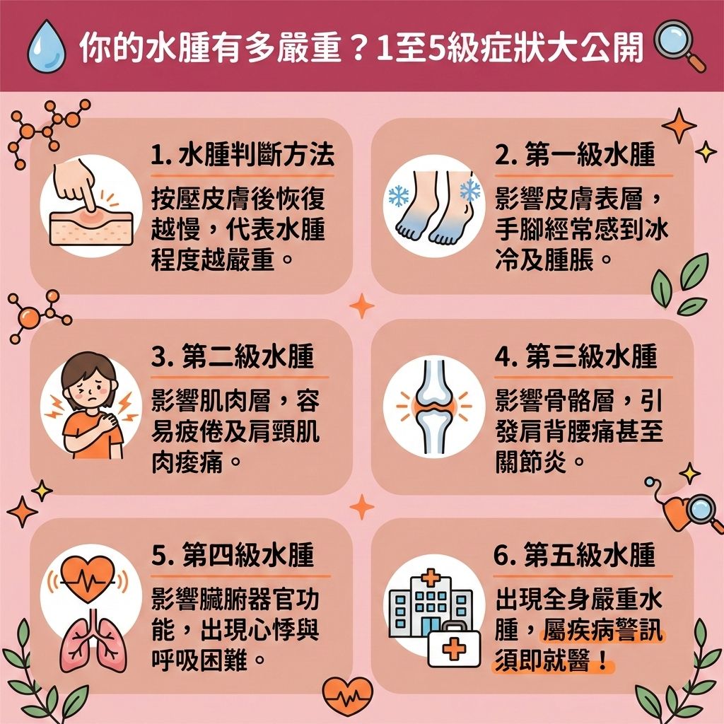 這是一張台灣健康部落格風格的 1:1 正方形資訊圖表,詳細解析了五個等級的水腫症狀。許多人深受體內濕氣困擾,導致體重增加與早上臉部浮腫。若想學習消除水腫方法與快速消腫秘訣,並解決水腫型肥胖,我們必須先了解自己的水腫程度。不論是孕婦去水腫、舒緩經期水腫或是改善下半身水腫,正確補充水分與減少鈉質攝取(控制鈉質)都至關重要。
飲食方面,建議參考排水腫食物推薦與高鉀食物名單,攝取富含鉀質與膳食纖維的食材,例如冬瓜、香蕉,或利用薏米與紅豆製作去濕湯水食譜。此外,適量飲用咖啡與綠茶也能提升新陳代謝(促進新陳代謝)、活化淋巴系統以促進淋巴排毒,進而排走體內毒素與改善血液循環(促進血液循環)。
若您長期受肥胖困擾,想進一步預防脂肪積聚、減少頑固脂肪、改善中央肥胖,除了飲食調理外,也可以考慮醫學美容的輔助。香港完美醫療提供專業的無創減脂療程與專屬瘦身方案。透過先進的溶脂科技進行精準的醫美定位修形,能安全有效地為您重塑輕盈健康的完美體態!