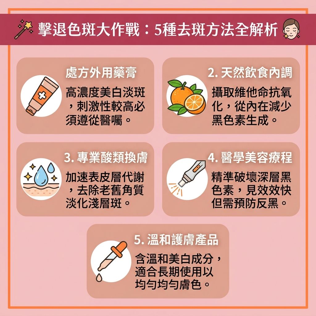 這是一張台灣健康部落格風格的 1:1 正方形扁平化資訊圖表,詳細解說5種【淡化色斑】的方法。當【黑色素細胞】受刺激,會導致【表皮層】及【真皮層】積聚過多【黑色素】,形成各種【色斑】(如【雀斑】、【太陽斑】、【黃褐斑】、【荷爾蒙斑】與【老人斑】)。
為了【解決色素沉澱】與【改善膚色不均】,日常可使用富含【傳明酸】、【煙酰胺】與【熊果素】的【護膚品】及【美白精華】。這些成分能【抑制酪氨酸酶】、【阻截黑色素】生成,達到【提亮膚色】與【均勻膚色】的效果。搭配【果酸】可【去除老廢角質】以【促進新陳代謝】。外出時必須塗抹【防曬霜】並採取【物理防曬方法】,幫助肌膚【抵抗自由基】,從根本上【預防色素沉澱】及【防止肌膚老化】。
若想快速【改善暗沉肌膚】,專業的【去斑療程推薦】是極佳選擇,例如【皮秒激光】等【美白去斑療程】。其優異的【激光去斑效果】能精準【擊碎深層黑色素】,並【刺激膠原增生】(補充流失的【膠原蛋白】),最終達到【修復受損肌膚】的完美狀態。