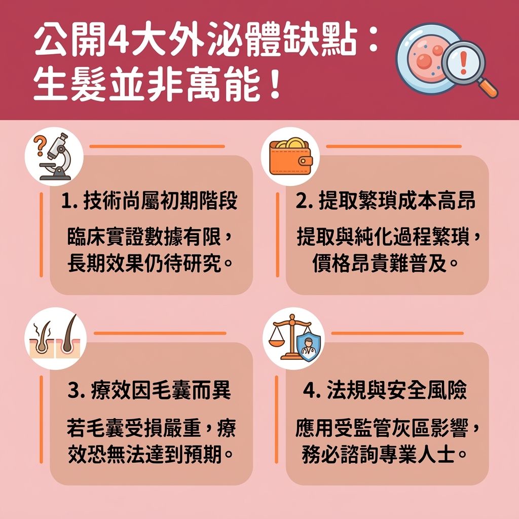這是一張台灣健康部落格風格的 1:1 正方形資訊圖表,詳細分析了外泌體的四大缺點與限制。雖然許多人期待外泌體生髮效果,並將其與幹細胞生髮治療結合,透過微針技術進行微針外泌體導入,將富含生長因子、蛋白質與氨基酸的納米級物質送達頭皮深處組織。這種療程宣稱能刺激毛囊再生、喚醒休止期毛囊並活化頭皮細胞,從而解決頭髮稀疏、增加頭髮密度與預防髮線後移,甚至被視為有效的雄性禿脫髮治療(對抗雄性禿與異常脫髮)。
圖表進一步探討,儘管這類抗衰老生髮療程宣稱能促進頭皮修復、改善頭皮環境,並透過改變基因表現與提升細胞溝通來修復受損毛囊,期望能延長毛髮生長期、減少掉髮數量,甚至抑制頭皮發炎(對抗炎症)、促進血液循環與新陳代謝,幫助強化髮根健康及促進膠原蛋白增生(產生膠原蛋白)以保護細胞、幹細胞及毛囊。但圖表提醒大眾,此技術仍有成本與法規隱患,療效也並非百分之百,選擇前務必交由專業醫生評估。