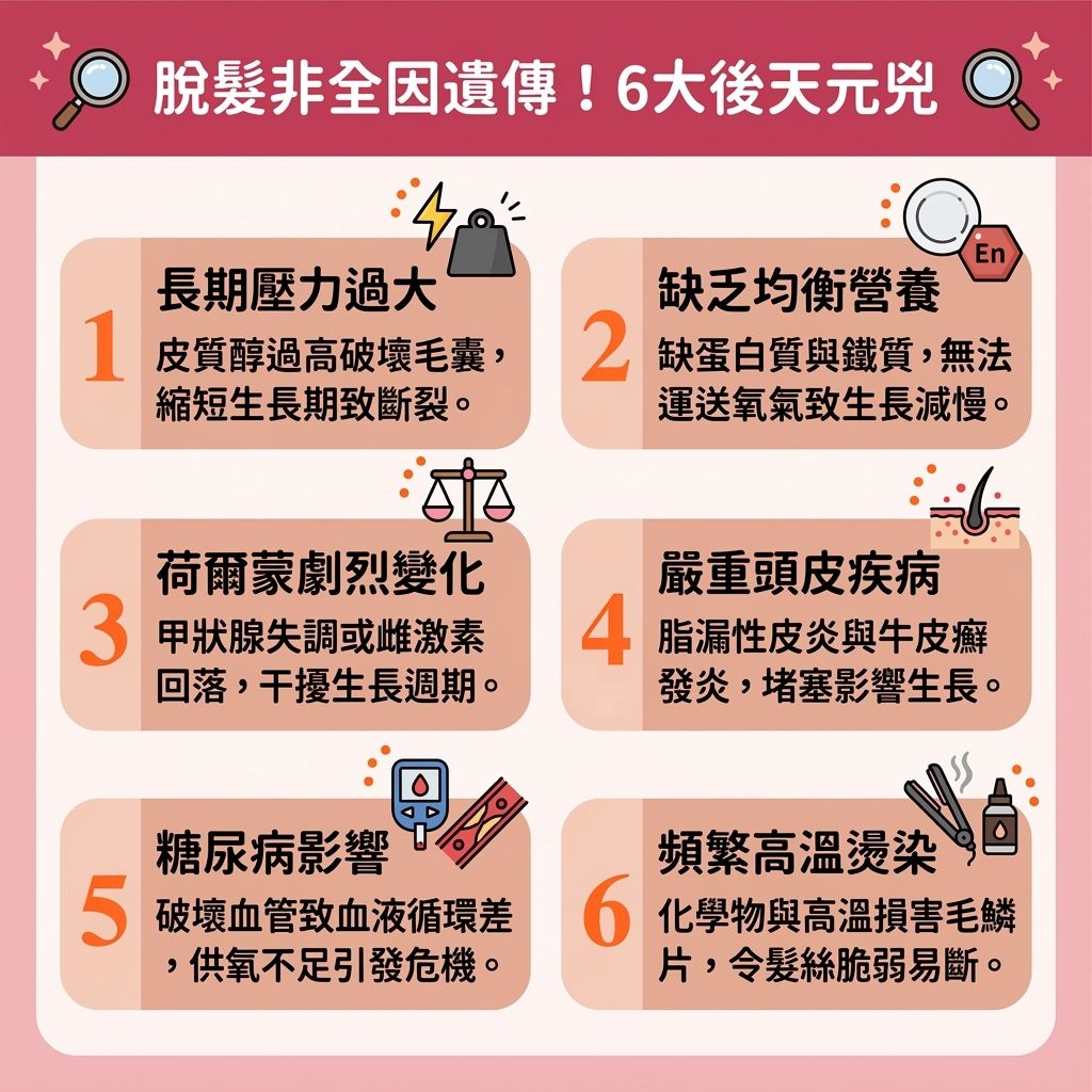 這是一張 1:1 扁平化醫美資訊圖表,解析【遺傳】以外的脫髮危機,同時探討【女生長鬍鬚原因】。當【內分泌】失調,體內【雄性激素】(【雄性荷爾蒙過高】)與【雌激素】等【荷爾蒙】不平衡時,可能引發【卵巢多囊綜合症】。若出現【卵巢多囊綜合症症狀】,不僅會讓頭部【毛髮】提早進入【休止期】、縮短【生長期】,還會刺激臉部【毛孔】長出濃密【唇毛】。
為了【調理女性荷爾蒙】與【改善內分泌失調】,需注意作息。若想【解決唇毛過盛】、【減少嘴唇周圍毛髮】並【擺脫生鬚煩惱】,極不建議使用【剃刀】、【蜜蠟】、【脫毛膏】或【鑷子】。因為【剃毛引致毛髮變粗】,且容易堆積老廢【角質】,導致【毛髮倒生發炎】並阻礙【預防毛囊發炎】。
圖表建議,想【抑制毛髮生長】可選擇【專業激光脫毛】或【光學去唇毛療程】。透過【激光】精準鎖定【黑色素】,能有效【破壞毛囊組織】深層【毛囊】。這不僅能【延緩毛髮生長週期】、【改善毛孔粗大】,更能達到【安全無痛脫毛】與【永久脫毛效果】。此方法能【避免皮膚敏感】保護【皮膚】,讓您重拾自信與健康!
