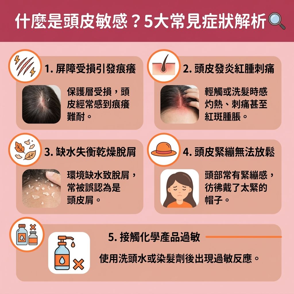 這是一張台灣健康部落格風格的 1:1 正方形資訊圖表,詳細圖解了頭皮敏感的成因與症狀。當角質層屏障受損,缺乏水分與蛋白質,加上紫外線照射或荷爾蒙與免疫系統變化,會令皮脂腺失衡,誘發濕疹、真菌與炎症。這會導致換季頭皮痕癢、舒緩頭皮緊繃的需求增加,並出現頭皮發炎紅腫甚至頭皮長暗瘡。許多敏感肌人士在使用化學染髮劑後會感到染髮後頭皮痛,嚴重更會引發頭皮敏感脫髮,進而傷害毛囊導致異常脫髮。
圖表提供了多種頭皮敏感解決方法來修復頭皮屏障。為解決頭皮屑問題與惱人的頭皮屑,除了進行適度的頭皮深層清潔與減少頭皮出油外,應參考敏感頭皮洗頭水推介與溫和洗髮水推薦,選擇優質的抗敏洗髮露及洗頭水,並搭配溫和的護髮素,以舒緩頭皮痕癢並改善頭皮乾燥。若出現嚴重的紅腫,或懷疑需要進行脂溢性皮炎治療及改善毛囊發炎,應尋求醫生的專業評估。定期進行專業的頭皮護理療程,是預防頭皮濕疹及保護健康的關鍵。