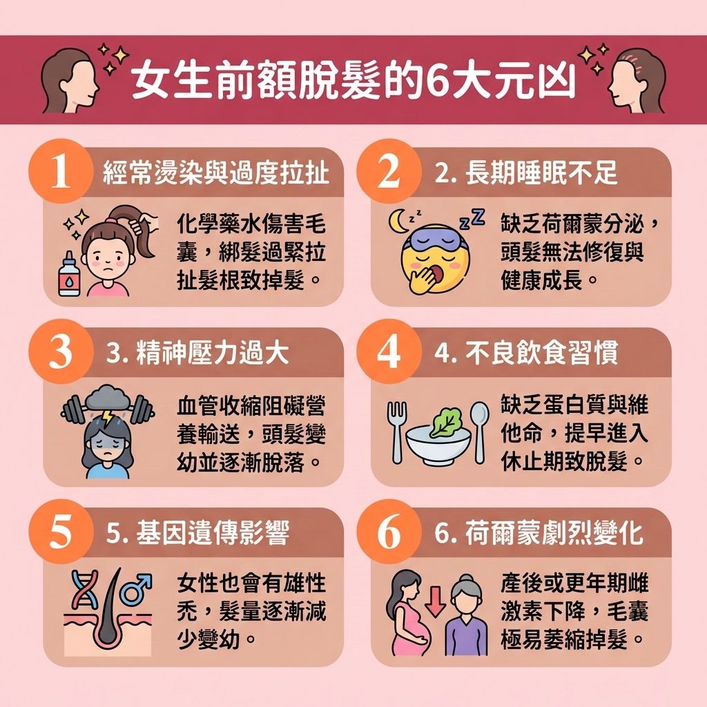 這是一張 1:1 正方形的可愛扁平化向量資訊圖表,採用台灣健康部落格風格,詳細解析【女性脫髮原因】與潛在的【男性脫髮危機】。圖表指出,當基因或壓力導致體內【睪酮】等【荷爾蒙】失調,異常轉化為【雙氫睪酮】時,會強烈攻擊【頭皮】的【毛囊】。這不僅是引發【雄性禿】的關鍵,更會讓【前額】與【額角】的【髮線】退縮,是極為明顯的【脫髮早期先兆】。此外,缺乏【蛋白質】、不良的【血液循環】以及【皮脂腺】的【頭皮油脂分泌】失衡,都會加劇【脫髮】。
為了執行有效的【預防脫髮方法】並【改善頭皮環境】,醫學建議及早【解決前額脫髮】並進行【髮線後移治療】。應對方案包括使用含有【米諾地爾】的【生髮水】,或口服【非那斯特萊】來【抑制男性荷爾蒙】。日常亦可搭配【鋸棕櫚】及【鋸棕櫚防脫髮】產品,幫助【強健脆弱髮根】,【激活休眠毛囊】並【刺激毛囊再生】。這些【專業生髮療程】能有效【延長生長週期】、【促進頭髮生長】、【增加頭髮密度】並【改善頭髮稀疏】。
若毛囊已嚴重受損,可考慮運用【無創增髮技術】(如【織髮】或佩戴自然【假髮】)來快速【遮蓋地中海】;或者尋求【植髮】手術的幫助,徹底拯救頂上危機!