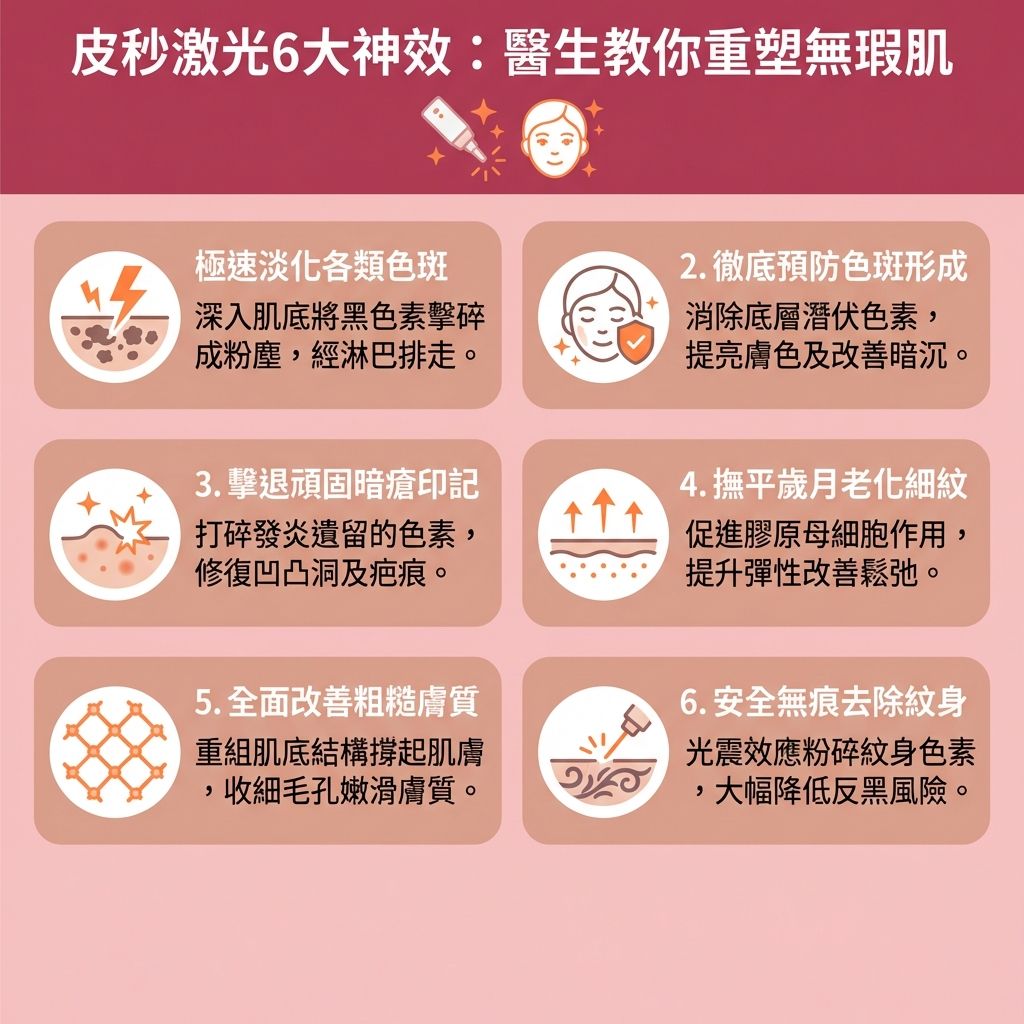 這是一張台灣健康部落格風格的1:1正方形扁平化資訊圖表,由皮膚科醫生詳細解說【皮秒激光】的6大功效。對於【色斑】問題,傳統【激光】或日常【護膚品】與【防曬】往往不夠,而這項【無痛去斑技術】能深入【角質層】、【表皮層】甚至【真皮層】。透過【皮秒激光去斑】與【擊碎深層黑色素】,它能有效【淡化色斑】與【美白去斑】,解決如【雀斑】、【太陽斑】、【老人斑】及【荷爾蒙斑】等問題。同時,它能及早【阻截黑色素形成】,【解決色素沉澱】並【改善膚色不均】。
除了去斑,皮秒激光能【刺激膠原增生】(喚醒底層的【膠原蛋白】),從而【提升肌膚彈性】、【減少臉部細紋】並【收細毛孔】。它還能加速【細胞】的【新陳代謝】(即【促進新陳代謝】),有效【去除暗瘡印】、【撫平凹凸洞】及【修復受損肌膚】。
此外,相比傳統儀器,它的光震波能粉碎紋身色素而減少熱傷害,有效降低【皮秒激光副作用】及【降低反黑風險】。若想尋找專業的【去斑療程推薦】並了解【激光去斑價錢】,建議前往專業【診所】諮詢此項【療程】。