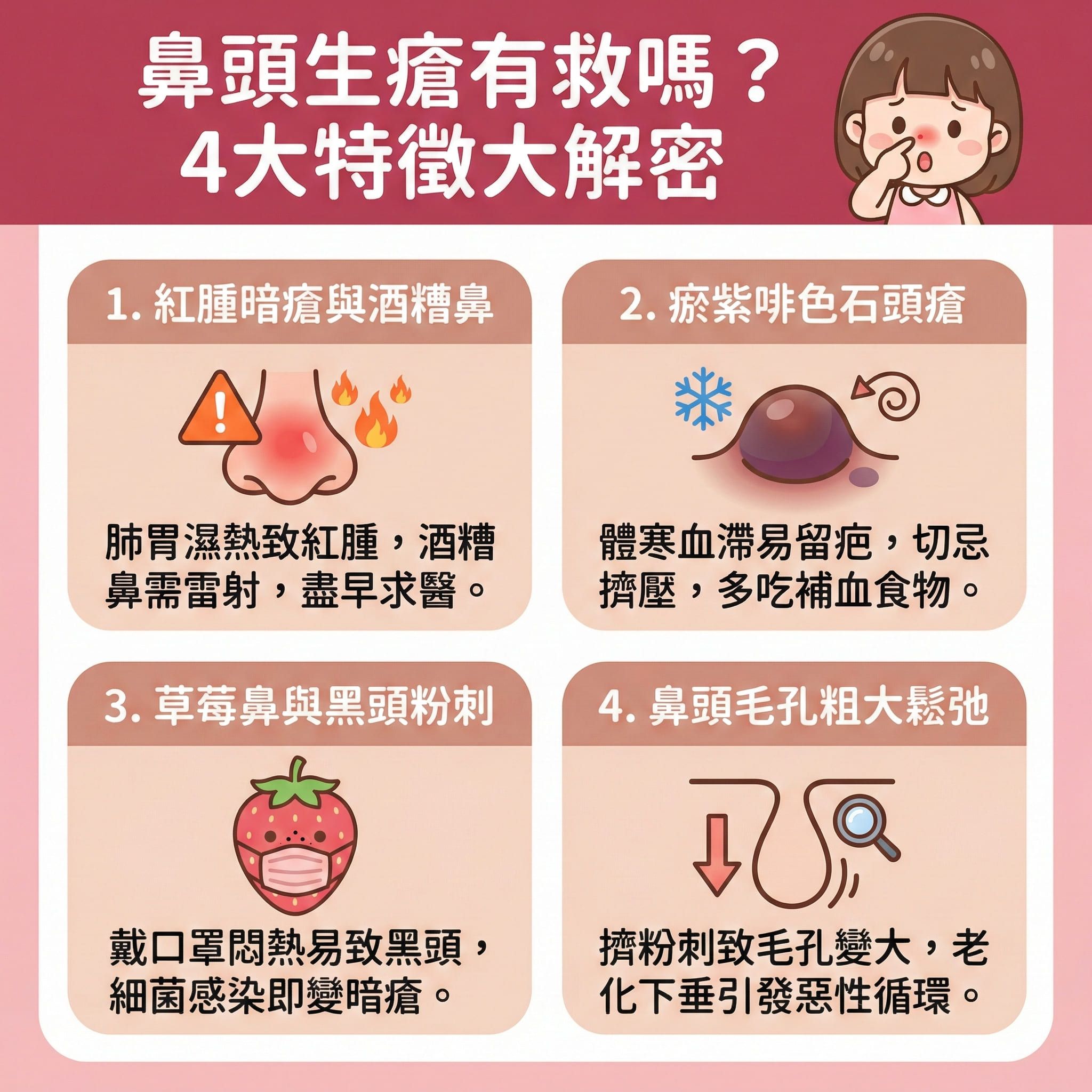 這是一張關於鼻頭長痘的扁平化設計圖表。圖中生動描繪了當荷爾蒙與內分泌失調,或是脾胃不佳、胃火旺盛影響消化系統時,皮脂腺會分泌過多油脂。若日常未能徹底卸除彩妝與去除老廢角質,容易造成角質層增厚,導致毛孔堵塞,形成討厭的粉刺與黑頭。如果不深層清潔毛孔和疏通毛孔堵塞,蟎蟲與細菌滋生就會引發暗瘡甚至嚴重的痤瘡。
圖表提醒大家絕對要避免擠壓暗瘡,否則會惡化。針對紅腫型痘痘或玫瑰痤瘡,需要舒緩紅腫發炎、減輕發炎反應及抗菌消炎。除了挑選合適的護膚品來控制油脂分泌與保持水油平衡,以減少黑頭粉刺外,還要透過飲食清熱解毒、調理脾胃並改善消化不良。
正確保養能改善粗糙膚質、修復受損屏障與促進新陳代謝。若情況嚴重,建議諮詢皮膚科醫生。圖表最後推薦體驗完美醫療的專業醫學美容療程,例如透過激光去印療程淡化痘疤,或選擇皇牌暗瘡分手療程,助您徹底解決困擾,達到預防暗瘡復發!