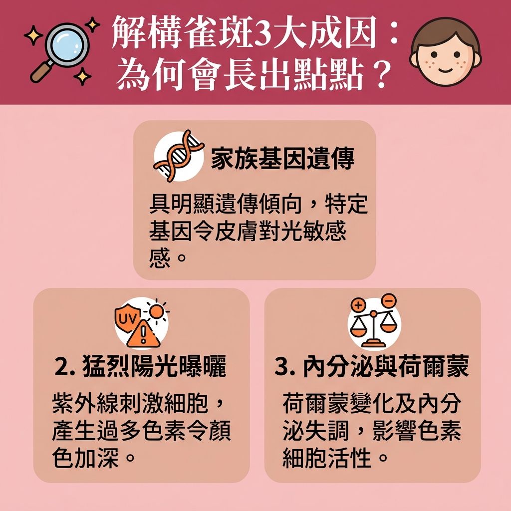這是一張1:1正方形的台灣健康部落格風格資訊圖表,詳細解說【雀斑成因】。無論是受【基因】與【遺傳】影響的【遺傳性雀斑】,還是因為【紫外線】過度曝曬刺激【表皮層】、【真皮層】與【角質層】內的【黑色素細胞】,都會令【黑色素】大量產生,進而形成惱人的【色斑】(包括【雀斑】、【太陽斑】、【老人斑】、【荷爾蒙斑】及【黃褐斑】)。
為【預防色斑形成】與【阻截黑色素】,我們必須做好【物理防曬方法】並勤塗【防曬霜】以【抵禦光老化】。日常保養可選用含【熊果素】或【煙酰胺】的【護膚品】,幫助【抵抗自由基】、【抑制酪氨酸酶】並【促進新陳代謝】(加速【去除老廢角質】與【修復受損肌膚】)。這能有效【解決色素沉澱】、【改善暗沉肌膚】、【改善膚色不均】並【提亮膚色】。
若想徹底【淡化雀斑】,尋求專業的【美白去斑療程】如【皮秒激光】是極佳選擇。它能精準【擊碎深層黑色素】,不僅【激光去斑效果】顯著,更能【刺激膠原增生】(喚醒肌底的【膠原蛋白】),讓你重拾健康無瑕的白滑肌膚。