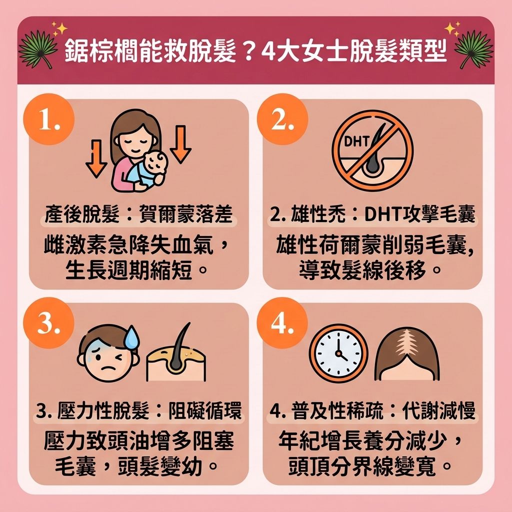 這是一張 1:1 正方形的可愛扁平化向量資訊圖表,呈現台灣健康部落格風格,深入解析【女性脫髮原因】與潛在的【男性脫髮危機】。許多人面臨【脫髮】時會尋找【天然生髮補充品】,探討【鋸棕櫚功效】與【鋸棕櫚防脫髮】的實際幫助。
圖表解析了【雄性禿】的成因:當體內【睪酮】等【荷爾蒙】透過5α【還原酶】轉化為【雙氫睪酮】時,會無情攻擊【頭皮】的【毛囊】,導致【髮線】退縮。這種常見於【前列腺】保養的【鋸棕櫚】,其【植物萃取】中富含的【植物固醇】能有效【阻斷還原酶】並【抑制男性荷爾蒙】。
為了【改善頭皮環境】與維持【皮脂腺】正常的【頭皮油脂分泌】,良好的【血液循環】不可或缺。醫學上的【雄性禿治療方法】常建議使用含【米諾地爾】的【生髮水】,或口服【非那斯特萊】,但需小心藥物【副作用】及潛在的【鋸棕櫚副作用】。正確的對策能【延長生長週期】、【強健脆弱髮根】、【減少掉髮數量】、【刺激毛囊再生】並【促進頭髮生長】。若想確實【預防髮線後移】、【解決前額脫髮】並【改善頭髮稀疏】,除了補充品,嚴重時應盡早尋求【專業生髮療程】或【植髮】手術來重獲新生!