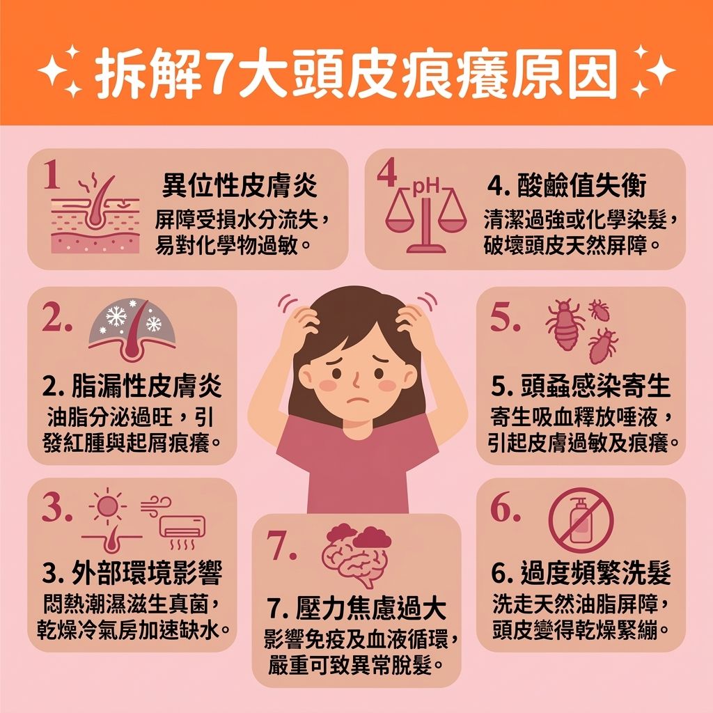 這是一張 1:1 正方形的扁平化醫美資訊圖表,解析7大頭皮痕癢原因,並教導【日常頭皮護理】與【正確洗頭方法】。圖中顯示,當【頭皮】受到強烈【紫外線】或極端【溫度】等外部環境影響,或因【壓力】與【荷爾蒙】失調時,會破壞【角質層】,導致【水分】嚴重流失。
若不幸患有【皮膚炎】或【濕疹】,【皮脂腺】會異常運作,無法【保持水油平衡】,進而引發【真菌】滋生,產生大量【頭皮屑】與發炎的【頭瘡】。這會大幅增加【解決頭皮敏感】與【舒緩頭皮痕癢】的需求。
為【改善頭皮環境】並【修復受損屏障】,患者應積極【調整生活作息】並【尋求專業治療】(必要時由醫生處方【類固醇】或外用【藥膏】以發揮【抗菌消炎作用】)。
日常保養方面,應【避免過度清潔】並【降低洗頭水溫】。挑選合適的【洗頭水】與【護髮素】來【溫和清潔頭皮】與【深層清潔頭皮】。這能有效【減少頭皮屑】、【控制油脂分泌】,並【改善頭髮乾燥】。洗髮前可使用【梳子】輕柔按摩以【促進血液循環】。做好這些對策能保護脆弱的【毛囊】,【預防毛囊發炎】,