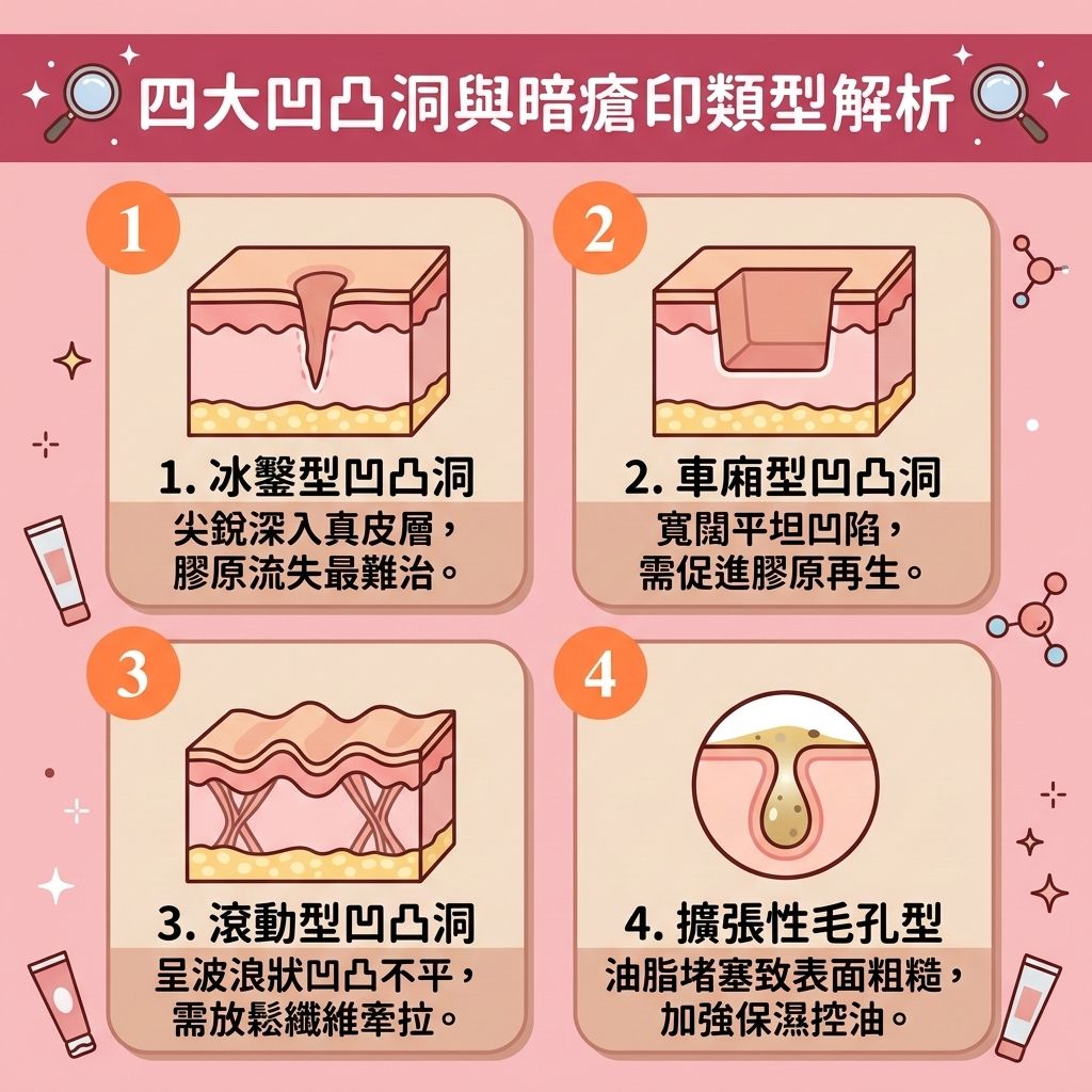 這是一張 1:1 正方形的扁平化向量資訊圖表插畫,介紹 4 大凹凸洞與暗瘡印類型。當皮脂腺分泌旺盛,若解決毛孔堵塞不當會引發暗瘡。若發炎傷及真皮層,會導致膠原蛋白與彈性纖維大量流失,形成難以凹凸洞自然修復的暗瘡疤痕。圖表呈現了冰鑿型、車廂型與滾動型凹洞,這些會影響表面角質層並牽拉底層纖維組織,造成皮膚凹凸不平。另有擴張性毛孔型,會讓膚質顯得粗糙。
在漫長的暗瘡疤痕修復期中,我們需要專業且有效的凹凸洞治療方法。日常保養可使用果酸或水楊酸來溫和去除角質,加速新陳代謝並促進細胞更新。配合透明質酸能深層保濕,改善皮膚粗糙。若期望重塑平滑美肌與徹底修復受損肌膚,許多人會尋求醫學美容的醫美去印推介。
針對嚴重的凹陷,專業的微針去印推薦採用黃金微針與射頻技術,進行深層組織修復以刺激膠原增生,進而有效填補肌膚凹陷並提升肌膚彈性。此外,激光去疤療程如皮秒激光搭配蜂巢透鏡,不僅能皮秒打散黑色素,幫助淡化色素沉澱與掃除底層黑色素,還能撫平面部疤痕並收細粗大毛孔,為您打造完美無瑕的健康肌膚。
