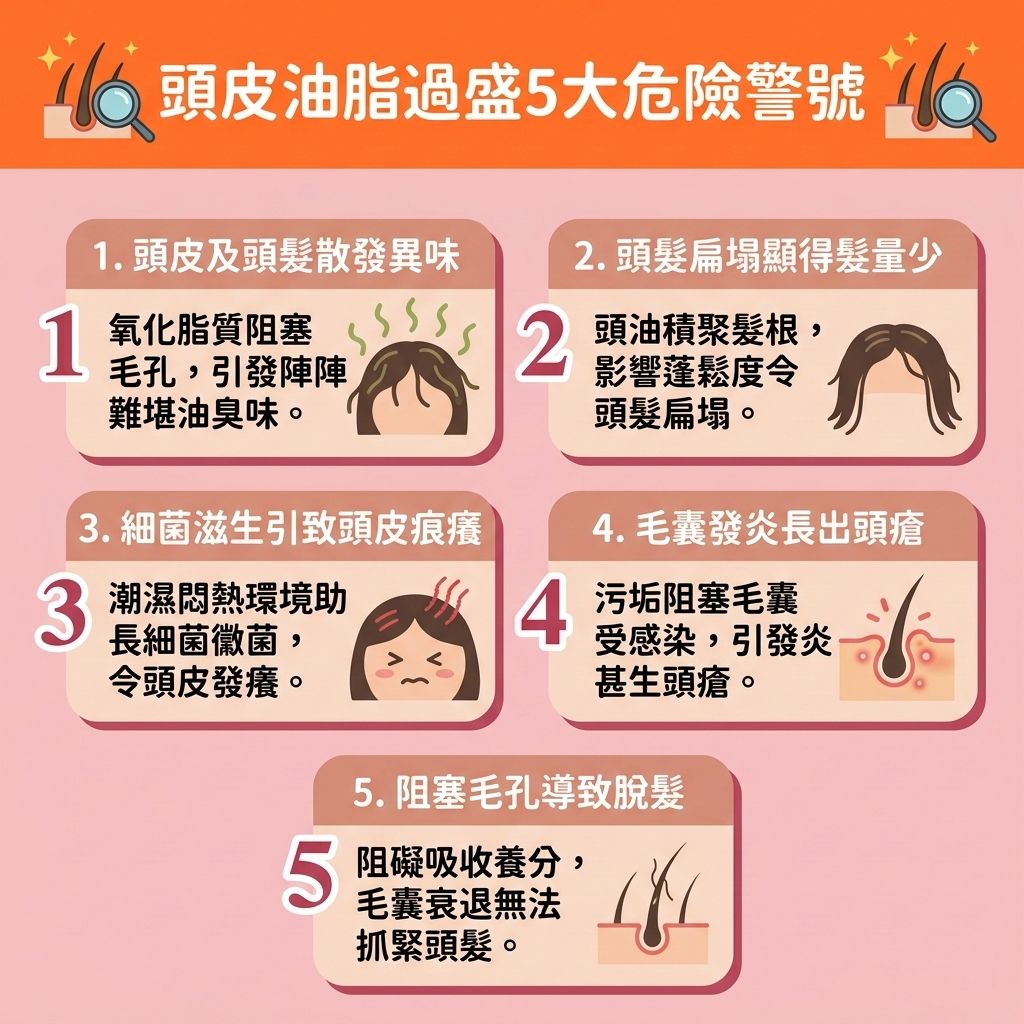 這是一張 1:1 正方形的可愛扁平化插畫,呈現台灣健康醫美風格。圖中解說【頭皮】出油的五大症狀。當【壓力】或【荷爾蒙】失調轉化為【雙氫睪酮】,會過度刺激【皮脂腺】,令【油脂】及【頭油】激增。加上【汗腺】分泌,若不【深層清潔頭皮】與【溫和清潔頭皮】,會造成【毛囊堵塞發炎】。
這不僅破壞【角質層】與【毛鱗片】,流失【水分】與【蛋白質】,更會造成【頭皮痕癢紅腫】、生【頭瘡】,最終引發【雄性禿】及【脫髮】,讓毛髮提早結束【生長期】。要【解決頭皮出油】與【控制油脂分泌】,必須【選擇控油產品】,如合適的【洗頭水】及【護髮素】。
日常我們需【調整飲食習慣】來【保持水油平衡】,做好【日常頭皮護理】以【改善頭皮環境】。適當按摩能【促進頭皮血液循環】(維持良好的【血液循環】),這亦是關鍵的【預防脫髮方法】。這能有效【減少頭皮屑】、【舒緩頭皮敏感】與【預防頭瘡形成】。只要保護好【毛囊】,便能【刺激毛囊再生】、【延長生長週期】,進而【增加頭髮蓬鬆度】與【改善頭髮扁塌】,重拾自信亮麗!
