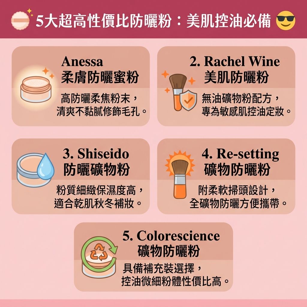 這是一張台灣健康部落格風格的 1:1 資訊圖表,詳細解說優質【化妝品】與【護膚品】中的【防曬粉】(或稱防曬【碎粉】)功效。日常護理中,單靠塗抹【防曬霜】未必足夠,尋找正確的【補防曬方法】與優良的【防曬粉推薦】至關重要。防曬粉多採用【氧化鋅】與【二氧化鈦】等天然【物理防曬成分】(屬於【物理防曬】,性質有別於【化學防曬】),能有效【阻隔紫外線】與【紫外線】的直接侵害,發揮【日常防曬】與【抵禦光老化】的作用,從而【防止肌膚老化】,保護底層【細胞】健康。
它能有效【預防黑色素沉澱】,避免【黑色素】在【角質層】過度積聚,進而【預防色斑形成】,是對抗【色斑】、【太陽斑】與【雀斑】的好幫手。對於【皮脂腺】分泌旺盛的肌膚,防曬粉能【吸附多餘油脂】,達到極佳的【控油定妝】與【減少溶妝】效果,且【不阻塞毛孔】,能視覺隱形【毛孔】並【均勻膚色】。
這種【輕薄透氣】的粉末質地特別適合帶出門作【補妝防曬】,能隨時【提升防曬力】與保持【清爽防曬】感,即使是尋求【敏感肌防曬】的人也能安心使用。最後提醒,回家後務必使用溫和的【卸妝水】進行徹底的【卸妝清潔】。若有嚴重的色素問題,建議前往專業醫美【診所】尋求醫生協助。