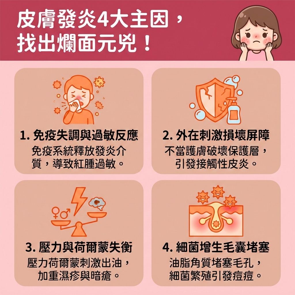 這是一張台灣健康部落格風格的正方形醫美資訊圖表,詳細解說發炎成因。圖中女孩正為敏感肌、濕疹與玫瑰痤瘡煩惱。當免疫系統失調接觸致敏原,釋放組織胺,會引發紅腫。此時應遠離致敏原,並透過冰敷來舒緩紅腫發炎與舒緩敏感泛紅。
若皮脂腺異常分泌,混合過厚的角質層,會引發暗瘡。日常應溫和潔淨肌膚,避免過度清潔與使用含避免刺激成分的護膚品,以調節水油平衡、修復受損屏障並增強皮膚屏障(保護皮膚屏障),從而降低發炎反應與改善乾燥脫皮。針對發炎,可選用含積雪草的產品來褪紅消炎鎮靜。
千萬要避免過度抓撓以減輕痕癢不適,並可遵照皮膚科醫生指示使用消炎藥膏或抗生素(避免濫用類固醇),以抑制細菌滋生、促進傷口癒合及預防暗瘡形成。若情況嚴重,建議尋求專業醫學美容協助。圖表下方特別推薦香港完美醫療的舒緩保濕療程、激光褪紅療程與皇牌「暗瘡分手療程」,助您重獲健康無瑕肌!