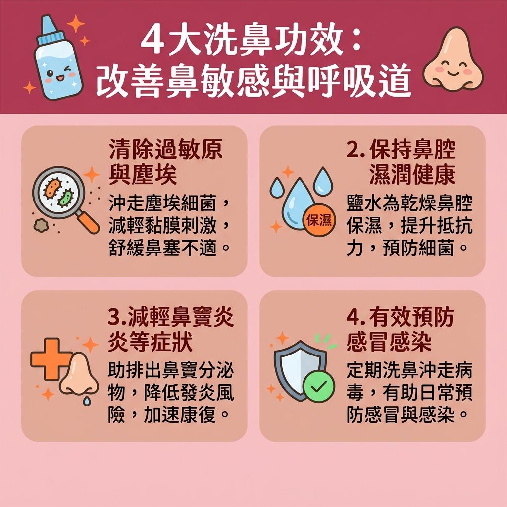 這是一張台灣健康部落格風格的 1:1 正方形扁平化資訊圖表,詳細解說四大【解決鼻塞方法】與洗鼻功效。對於深受【鼻敏感】、【鼻竇炎】或長有【鼻息肉】的患者,正確的【鼻腔沖洗療程】是極佳的日常保養。圖表教導大眾如何挑選【洗鼻器推薦】款式(或使用【針筒】),搭配【溫水】調配出正確的【洗鼻鹽水比例】,製成【生理鹽水】。
掌握【洗鼻正確姿勢】能有效【清潔鼻腔分泌物】,將深藏在【鼻腔】與【鼻竇】內的【致敏原】、【細菌】與【灰塵】通通洗淨。這不僅能【沖洗致敏原】與多餘的【鼻水】,更能【保持鼻腔濕潤】、【促進鼻黏膜修復】,從而【減輕鼻炎不適】並【緩解鼻竇炎】。保護好脆弱的【鼻黏膜】,有助於【預防上呼吸道感染】。家長若需協助幼童,也可參考安全的【兒童洗鼻方法】並留意潛在的【洗鼻副作用】。
此外,徹底清理鼻腔能有效【舒緩鼻敏感症狀】與【鼻塞】,幫助患者【改善用口呼吸】。當整個【呼吸道】暢通,便能【改善呼吸道阻塞】,這也是一個極佳的【解決打鼻鼾】途徑。使用【洗鼻器】減少因鼻塞引發的【鼻鼾】,不僅能【降低鼻鼾頻率】,更能大幅【改善睡眠質素】(提升整體【睡眠質素】)。若症狀持續,建議盡早前往專業【診所】尋求【醫生】協助。