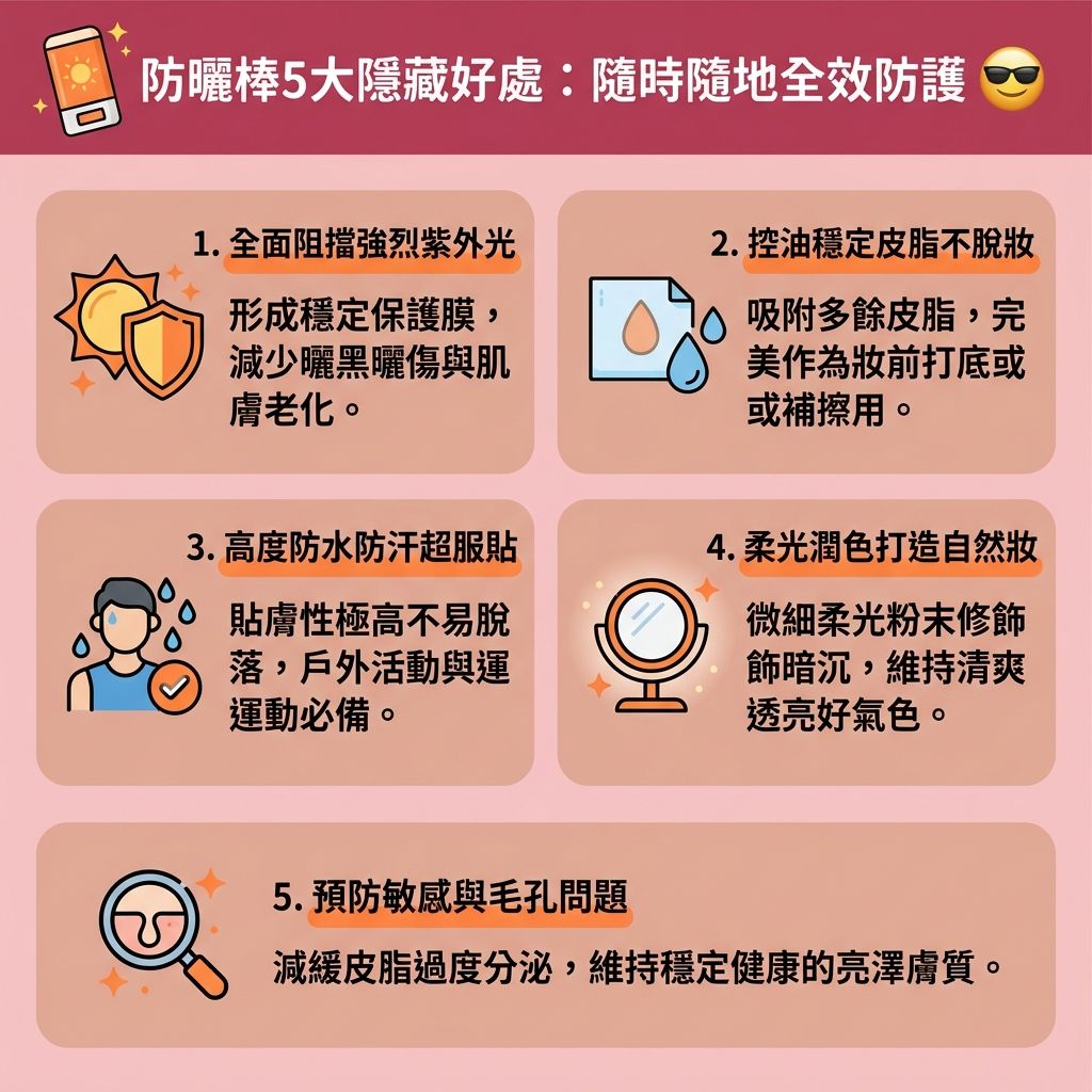 這是一張台灣健康部落格風格的 1:1 正方形扁平化資訊圖表,主題為優質的【防曬棒推薦】。為了做好【日常防曬】並有效【阻隔紫外線】,我們不僅可以使用【防曬霜】或【防曬噴霧】,【防曬棒】更是【隨身攜帶防曬】的最佳選擇。它能為你提供【清爽不黏膩】且【輕薄透氣】的體驗,即使【補妝防曬】也【不阻塞毛孔】。
許多防曬棒含有【物理防曬成分】(如【氧化鋅】與【二氧化鈦】),兼具【物理防曬】與【化學防曬】的優點,是極佳的【護膚品】與【化妝品】結合。這種極佳的【敏感肌防曬】產品能保護【表皮層】、【真皮層】與【角質層】,防止【紫外線】破壞肌底的【膠原蛋白】,進而【防止肌膚老化】與【抵禦光老化】。
掌握正確的【補防曬方法】能全面【提升防曬力】,有效【預防黑色素沉澱】與【預防色斑形成】。這有助於避免【黑色素】堆積形成【色斑】、【雀斑】或【太陽斑】。同時,它還能【提亮膚色】、【改善膚色不均】及【改善色素沉澱】。若想更快速【擊碎深層黑色素】,建議前往專業【診所】尋求合適的醫美【療程】。